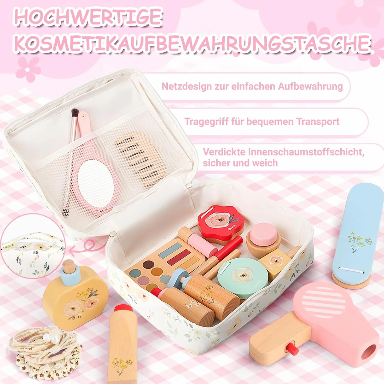 Herefun Coffret Maquillage Enfant 25 Pièces en Bois avec Trousse Maquillage