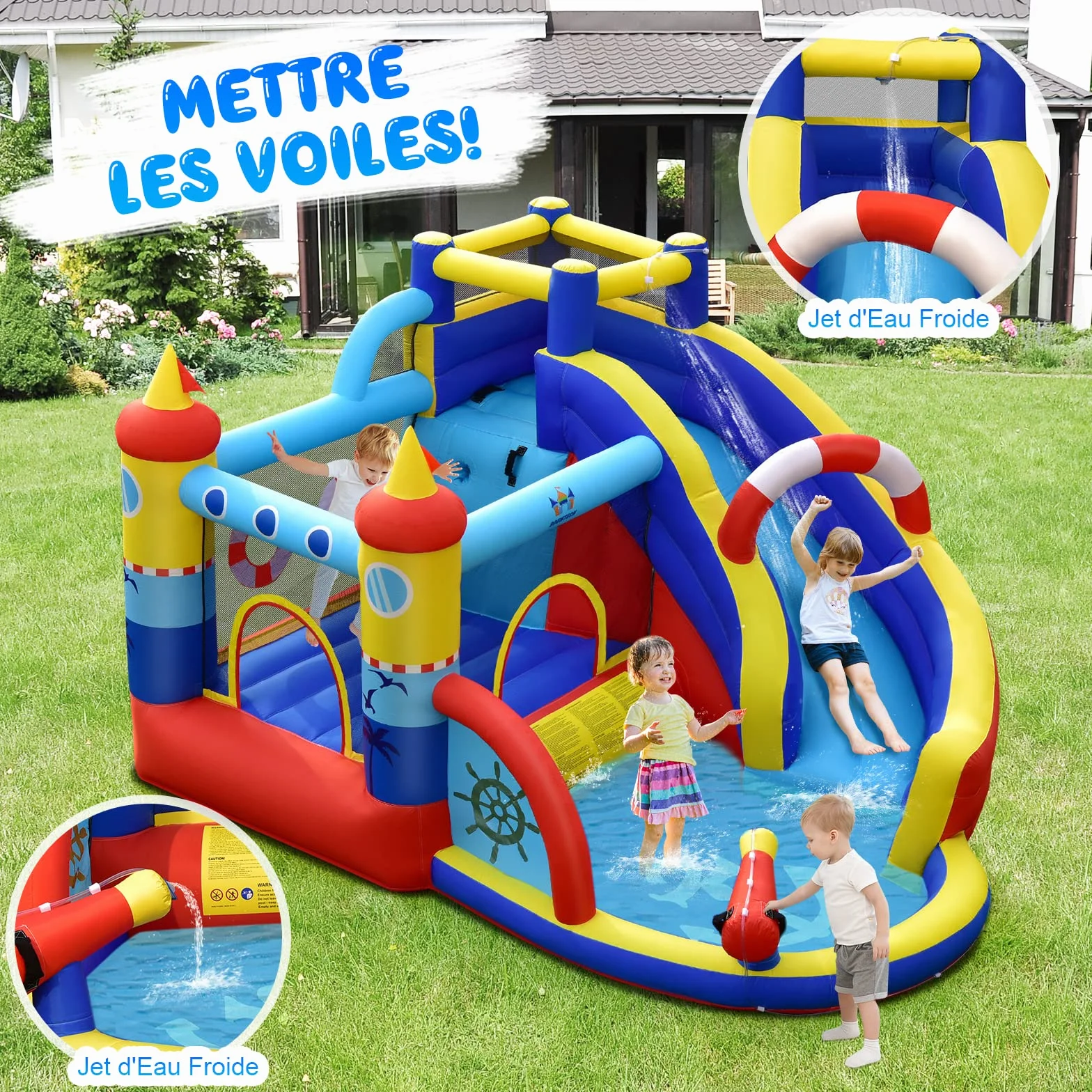 COSTWAY 5 en 1 Château Gonflable Pirate avec Toboggan, Mur d'escalade & Souffleur 550W, 360x290x200cm
