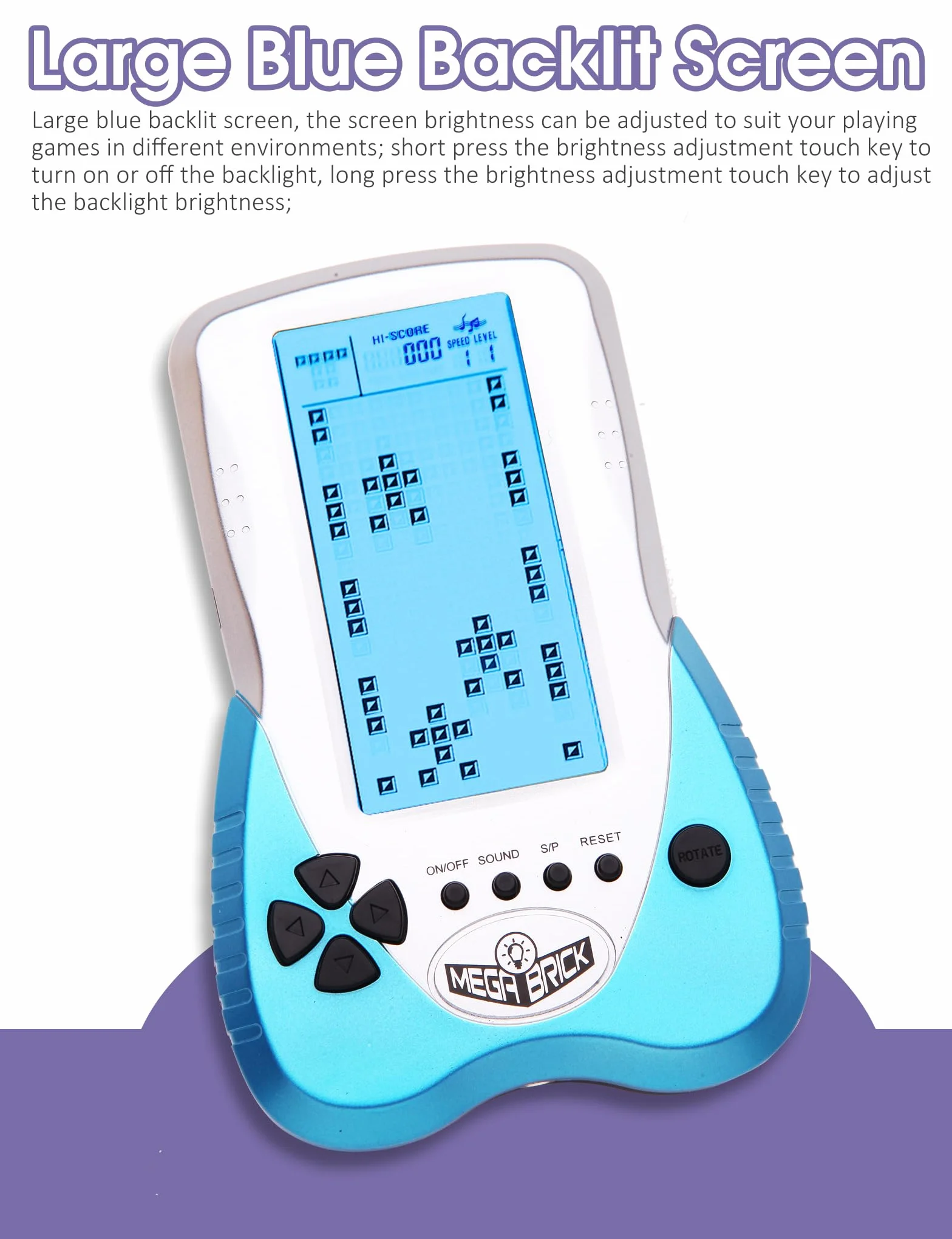 HLF Console de Jeu Grand écran rétroéclairage Bleu 23 Jeux Intégrés Compatible Piles Lithium AAA