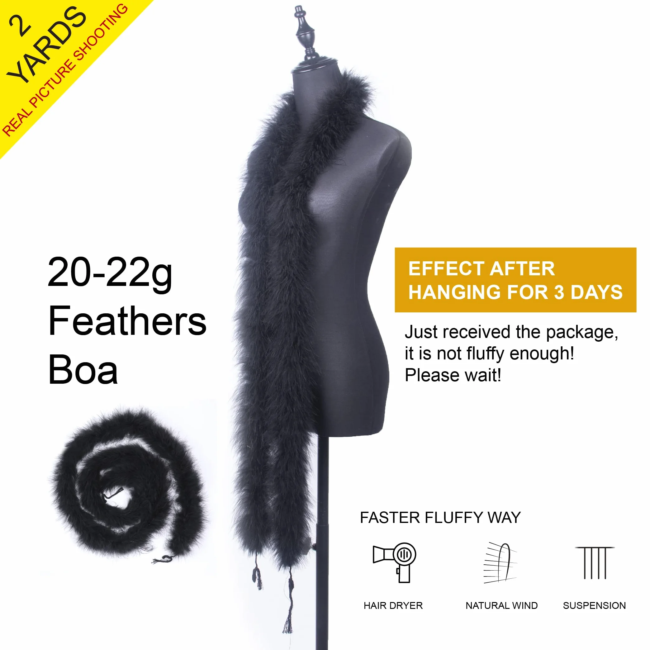 Boa en plumes de marabout noir 1.8m 22g pour décoration mariage Noël travaux manuels