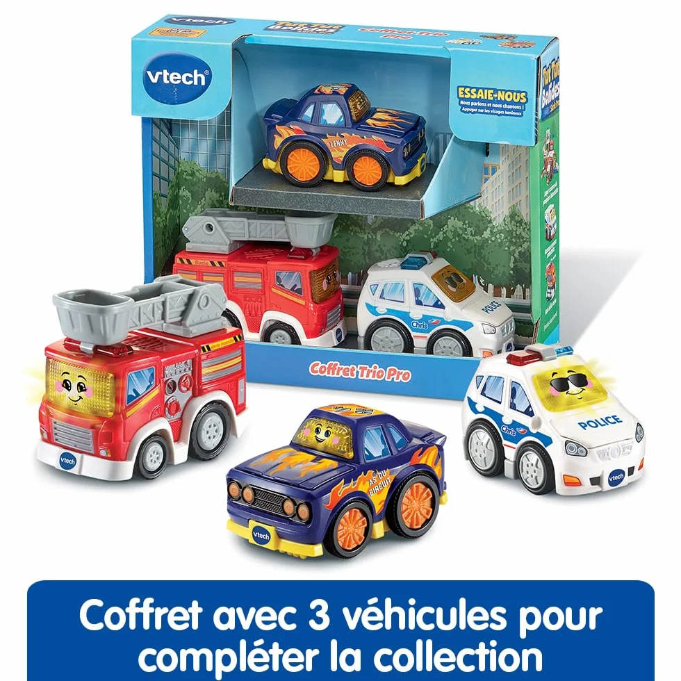 VTech Tut Tut Bolides Série Pro Coffret Trio Pro 3 Voitures Enfant Police Camion de Pompiers Voiture de Course Jouet Musical Sonore Cadeau Enfant 2-6 Ans