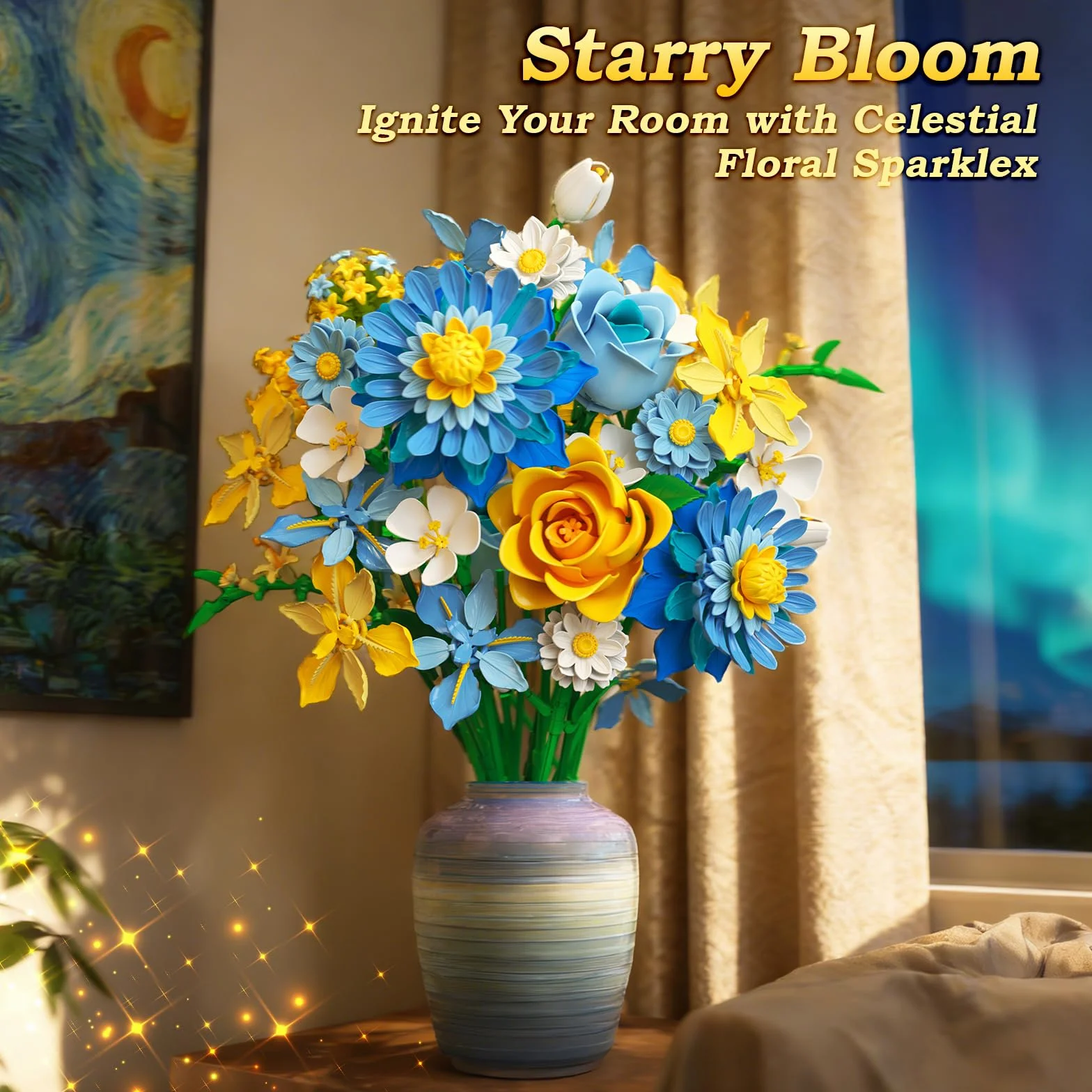 Starry Blooms Ensemble de Construction de Bouquet de Fleurs Compatible avec Lego Dahlia Roses pour Décor Maison