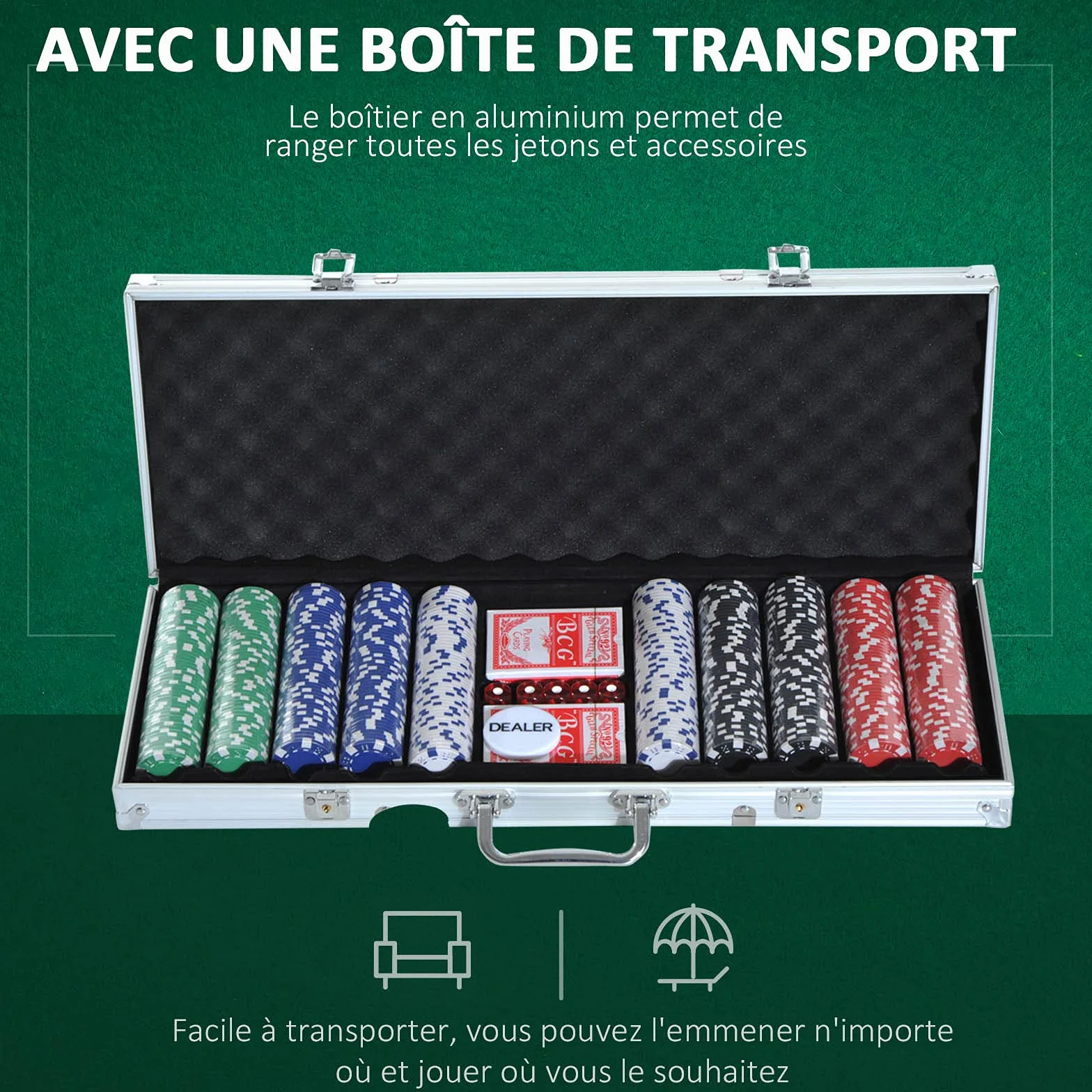HOMCOM Mallette de Poker Coffret Complet 500 jetons 2 jeux de cartes 5 dés bouton dealer