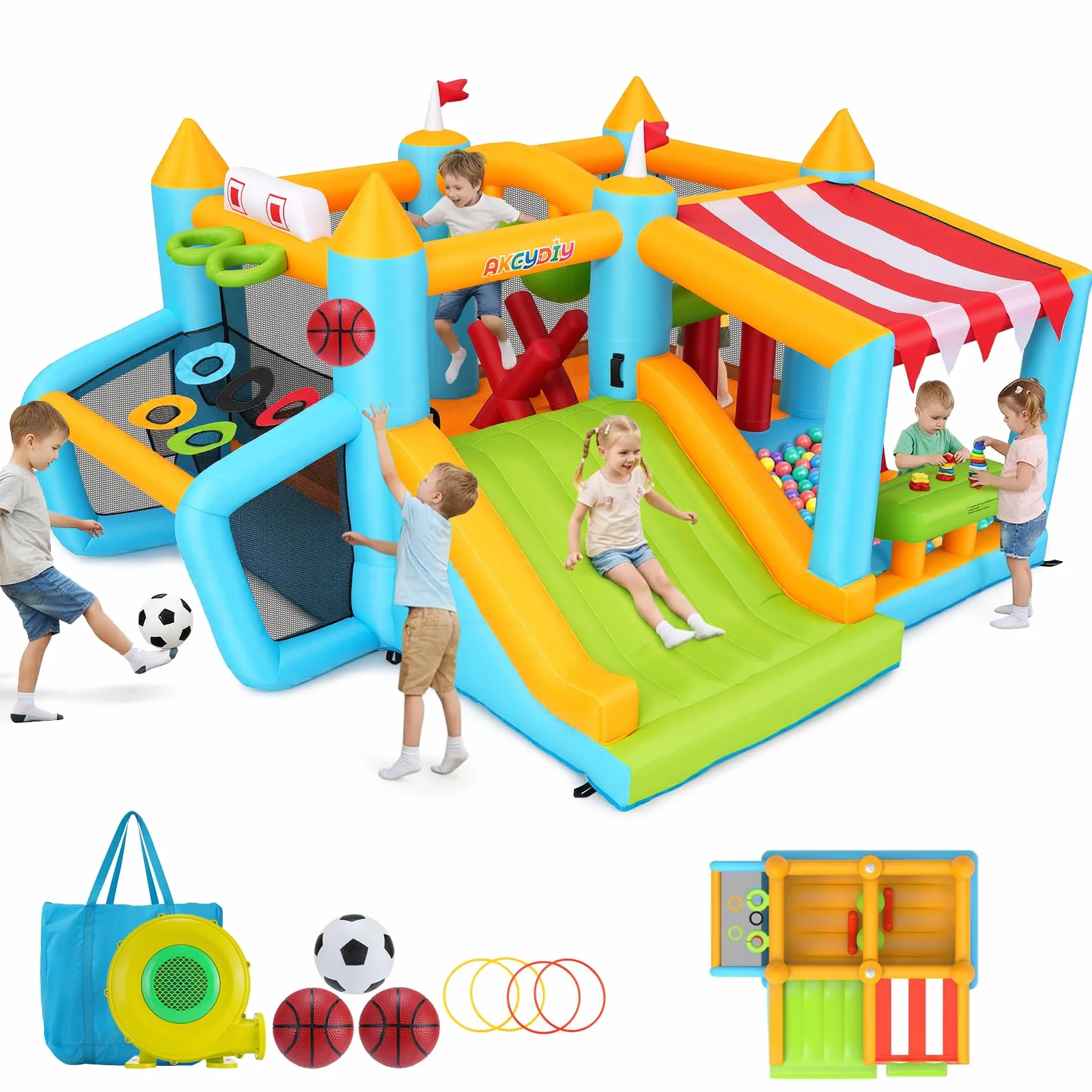 Château Gonflable pour Enfants 3-12 Ans Intérieur Extérieur avec Parcours Obstacles Stand Marché Jouets Parc Tir Football Piscine Balles Ventilateur