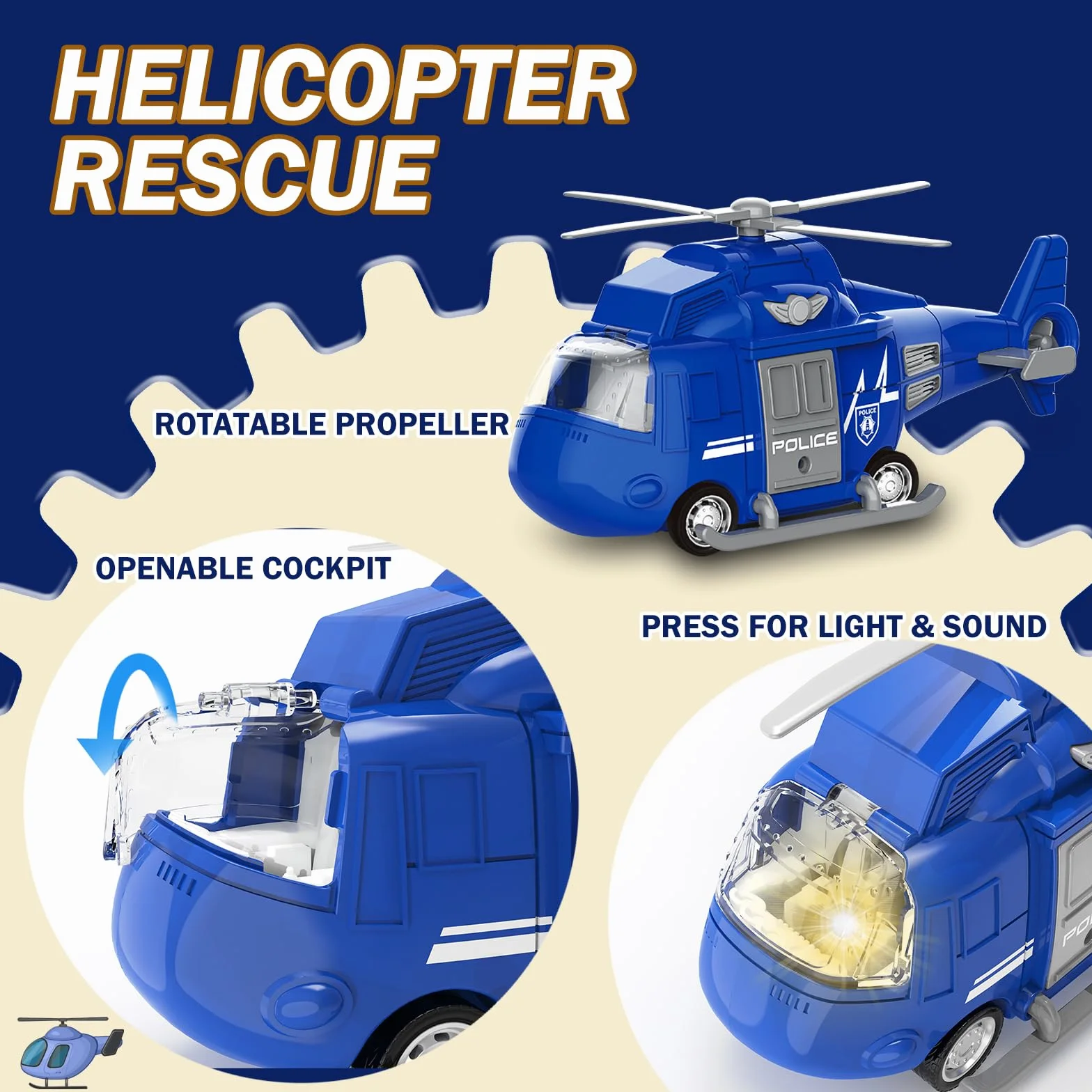 Jouets de véhicules d'urgence EPPO 4 Paquets pour Enfants, hélicoptère, Voiture de Police, Camion de Pompier, Cadeau 3-12 Ans