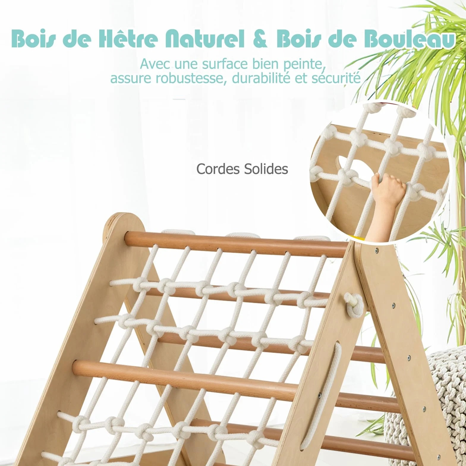 GOPLUS Triangle d'Escalade Montessori Enfants avec Filet à Grimper, Planche et Échelle, Toboggan, Charge 50KG, Aire de Jeux Intérieur pour Bébé 1 an+