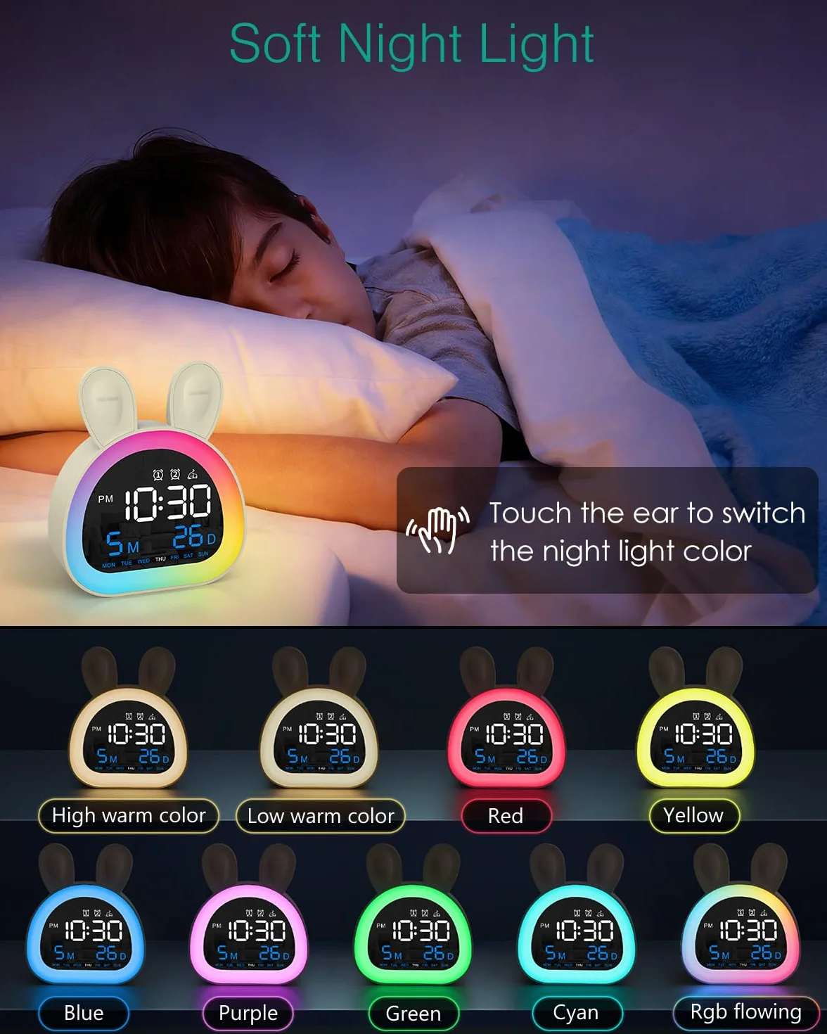 ORIA Réveil Numérique Enfant avec Veilleuse Multicolore, Bluetooth, Sons Naturels, 5 Niveaux Luminosité
