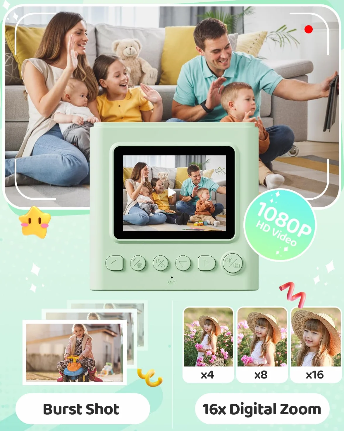 TIATUA Appareil Photo Instantané Enfants 1080P Numérique avec Carte 32GB et Papier d'Impression, Cadeau 3-12 Ans