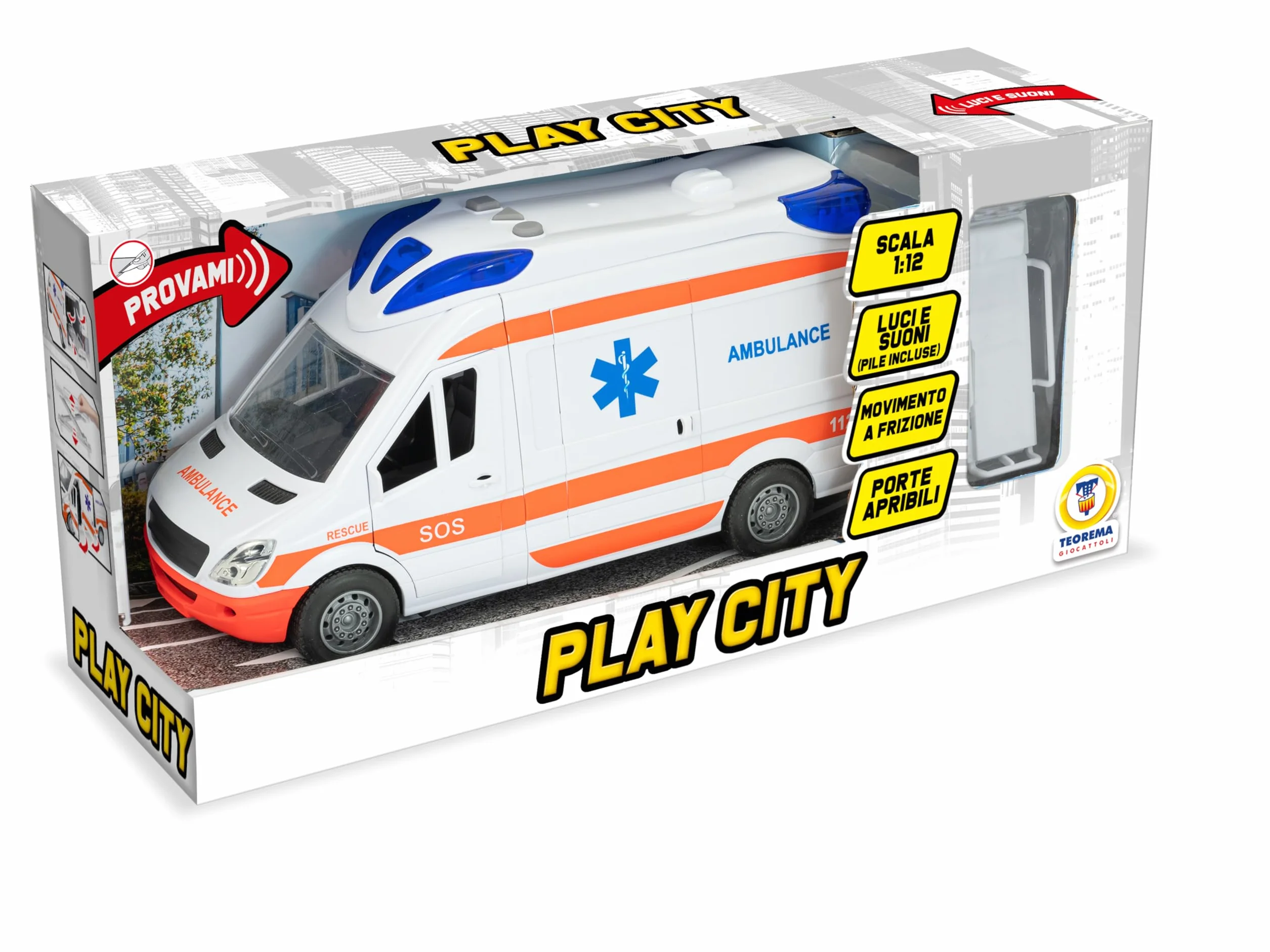 Teorema Giocattoli Ambulance Play City Échelle 1:12 Jouet Véhicule d'Urgence avec Lumières Sons Civière Réglable