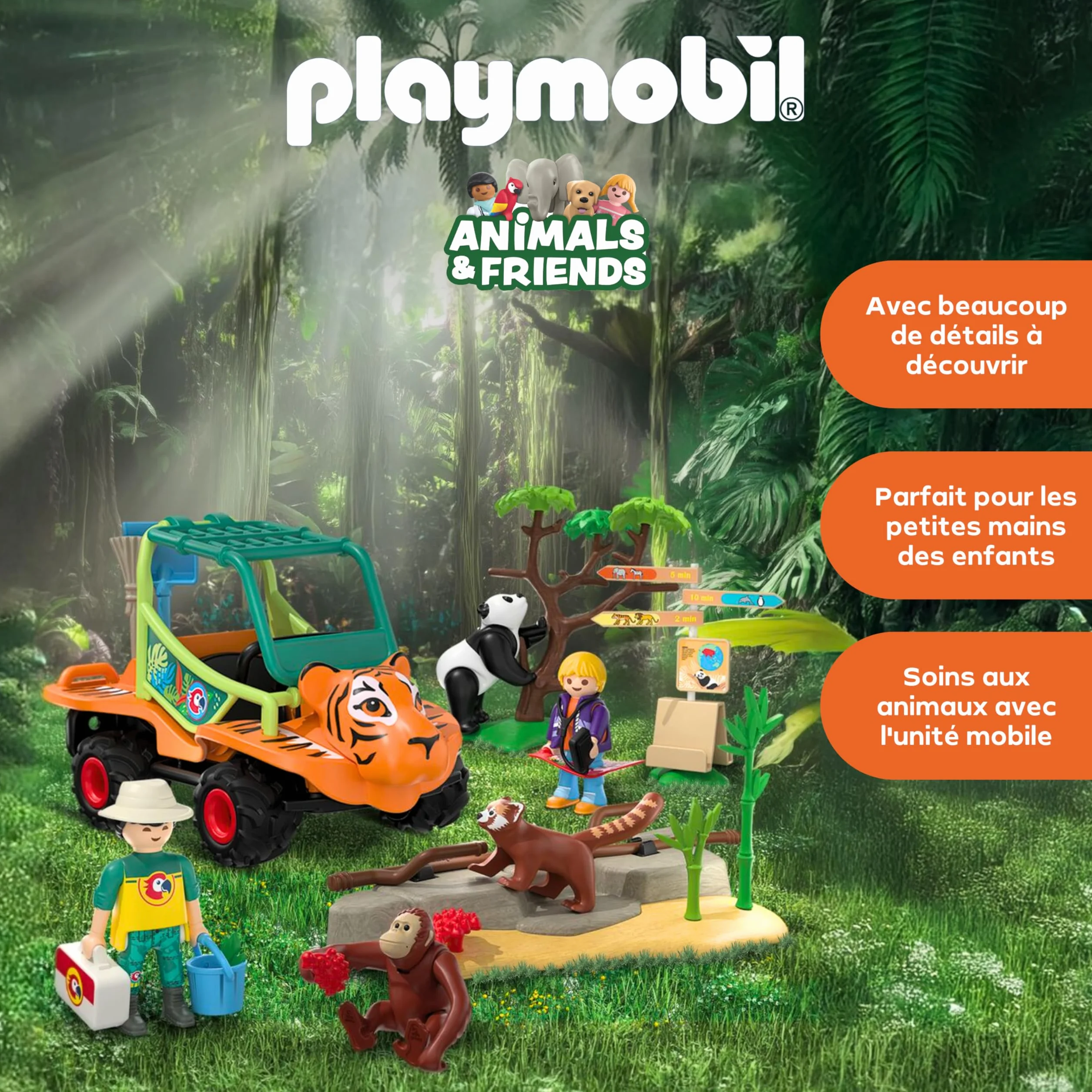 Playmobil Zoo Gardien de Zoo et véhicule avec tête de Tigre et 3 Animaux Jouet pour Enfants 4 Ans 72072