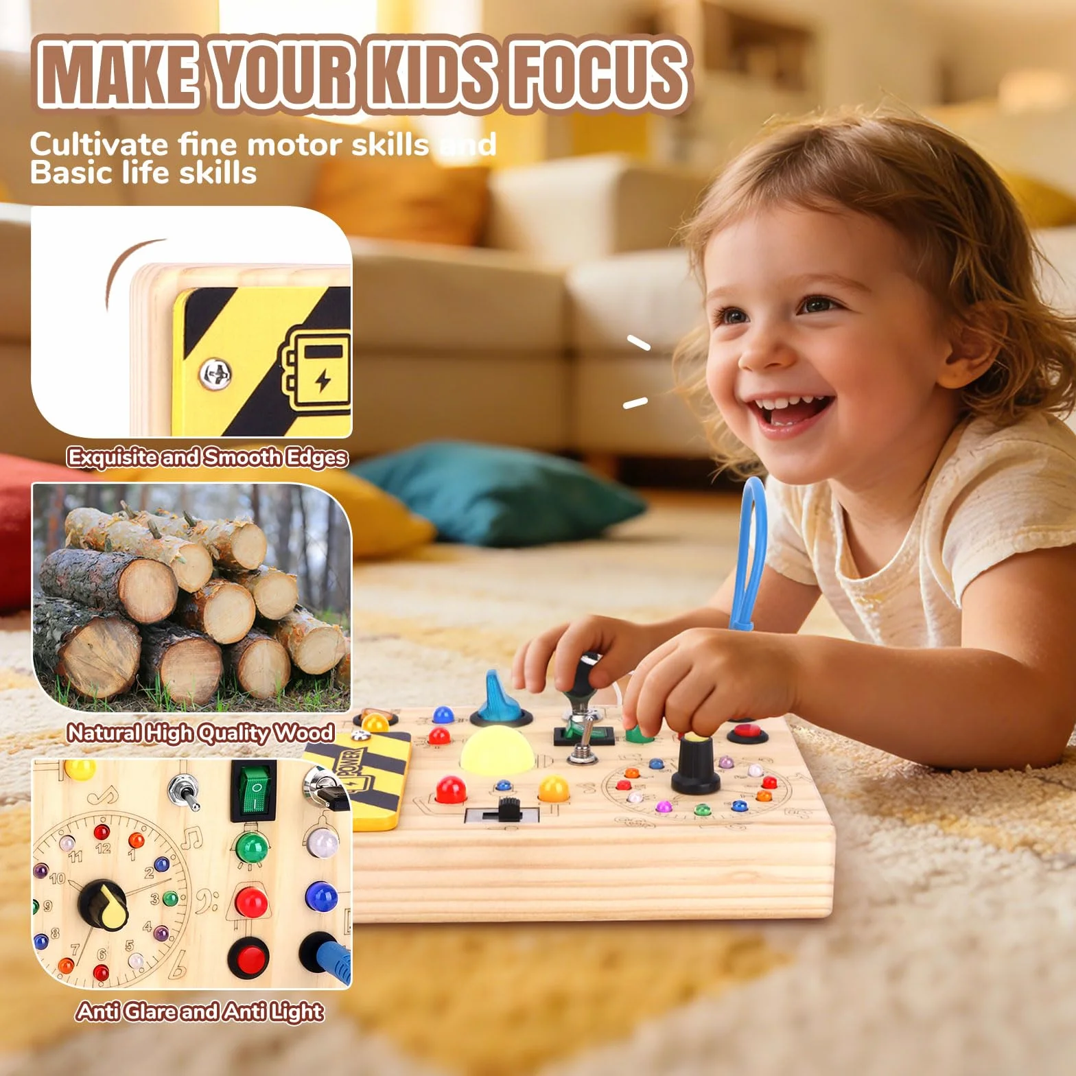 Tableau d'activité Montessori en bois avec 10 interrupteurs et 23 voyants LED Jouet sensoriel éducatif pour tout-petits 1 an Cadeau garçon