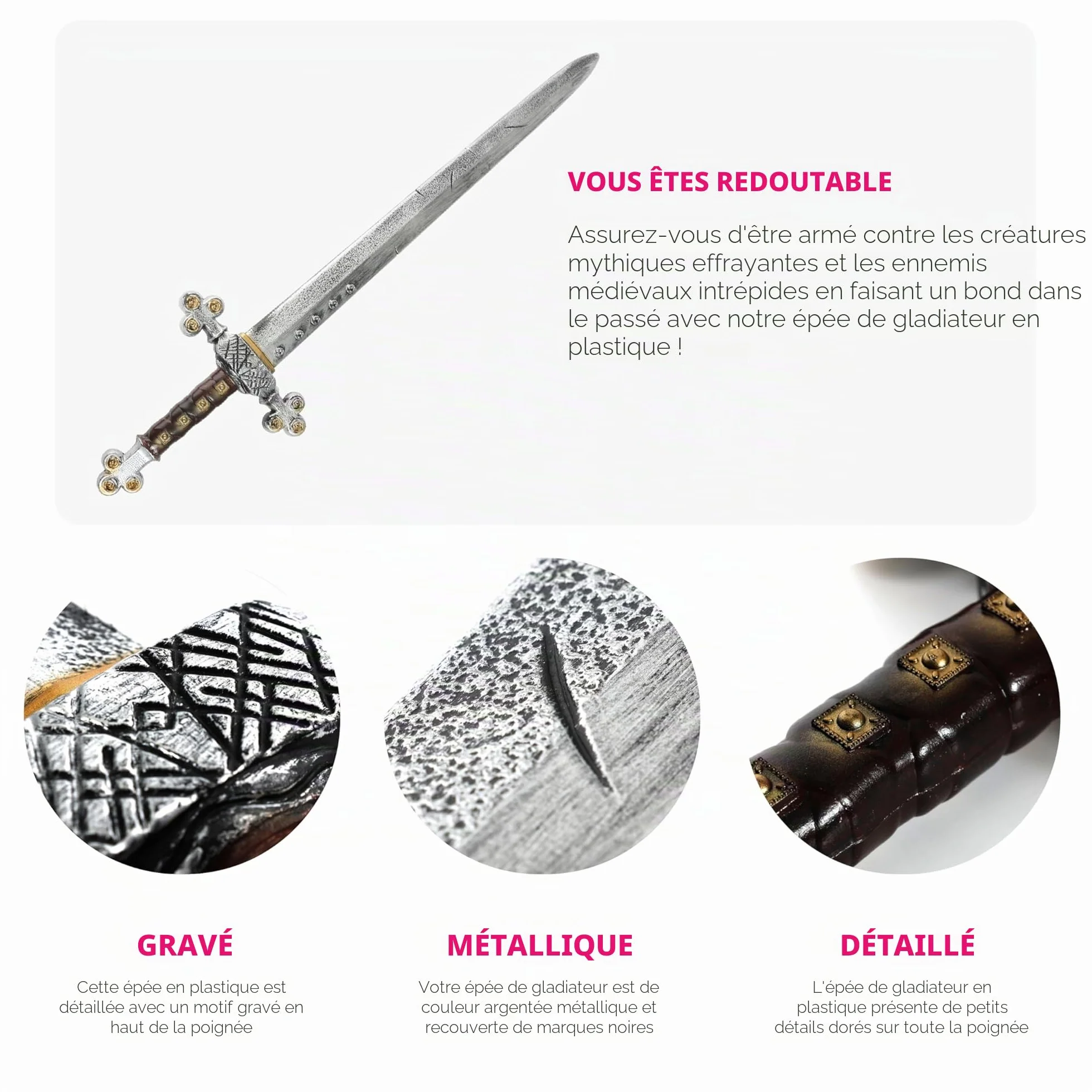 Épée de gladiateur pour adultes Lot de 2 75 cm plastique déguisement guerrier viking romain barbare