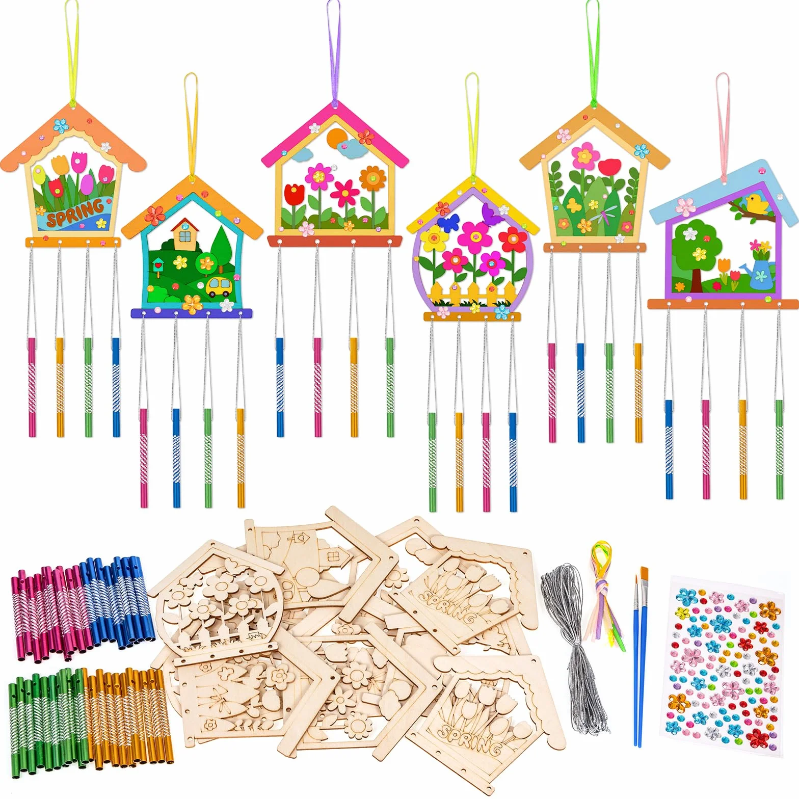 Lot de 12 carillons à vent en bois pour enfants, décoration jardin intérieur extérieur