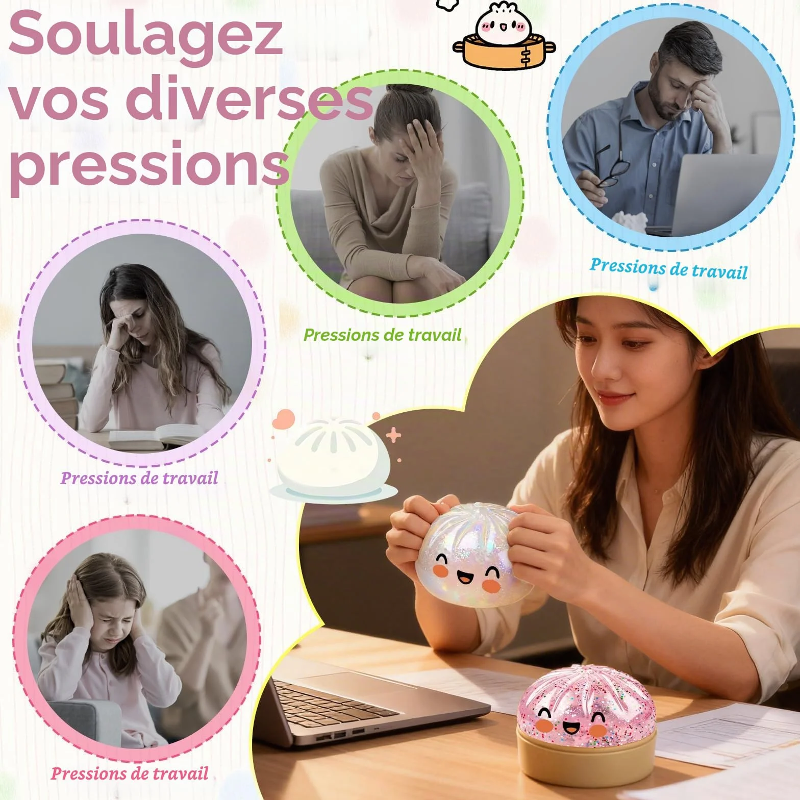 Géant Paillettes Squishys Ravioli Anti-Stress Presser avec Cuiseur Vapeur, Jouets Anti-Stress pour Enfant Adulte Rose Transparent