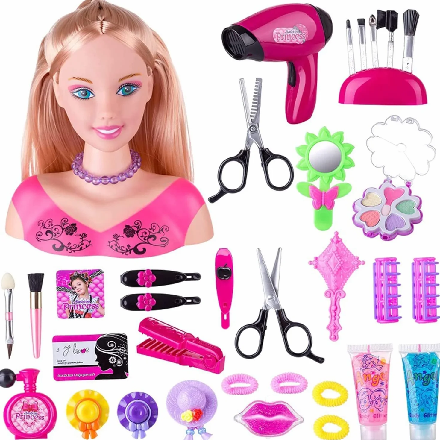 Tête à Coiffer et Maquiller Jeu de Jouets, Poupée Styling Head Hairdressing 35pcs Rose