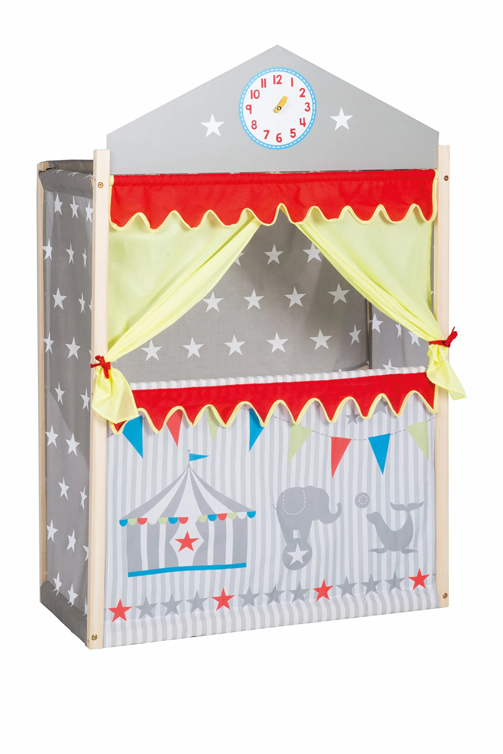 roba Théâtre de Marionnettes pour Enfant en Bois et Tissu Étoilé Gris - Monté sur Pied - 84 x 39 x 129 cm - avec Horloge à Aiguilles Mobiles - dès 3 Ans - Multicolore