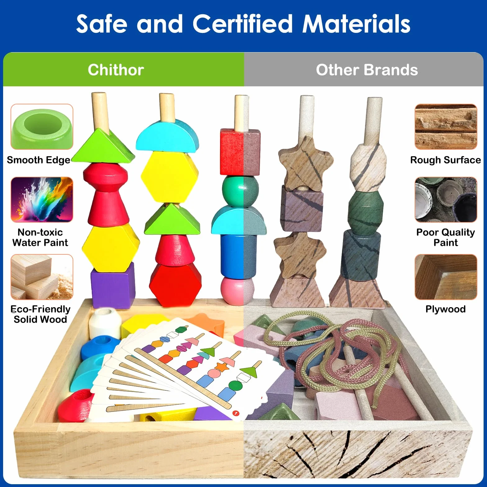 Jeux Montessori 3 en 1 Jouets de Perles de Laçage en Bois, Empilable et Enfiler, Tri, Éducatif 2-5 Ans