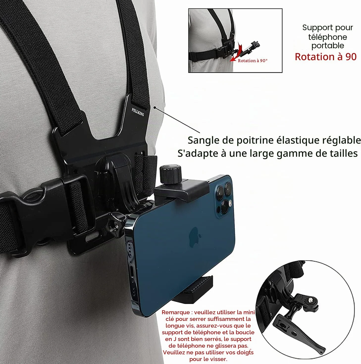 PellKing Harnais de Poitrine pour Téléphone Portable avec Clip pour Caméra d'Action POV