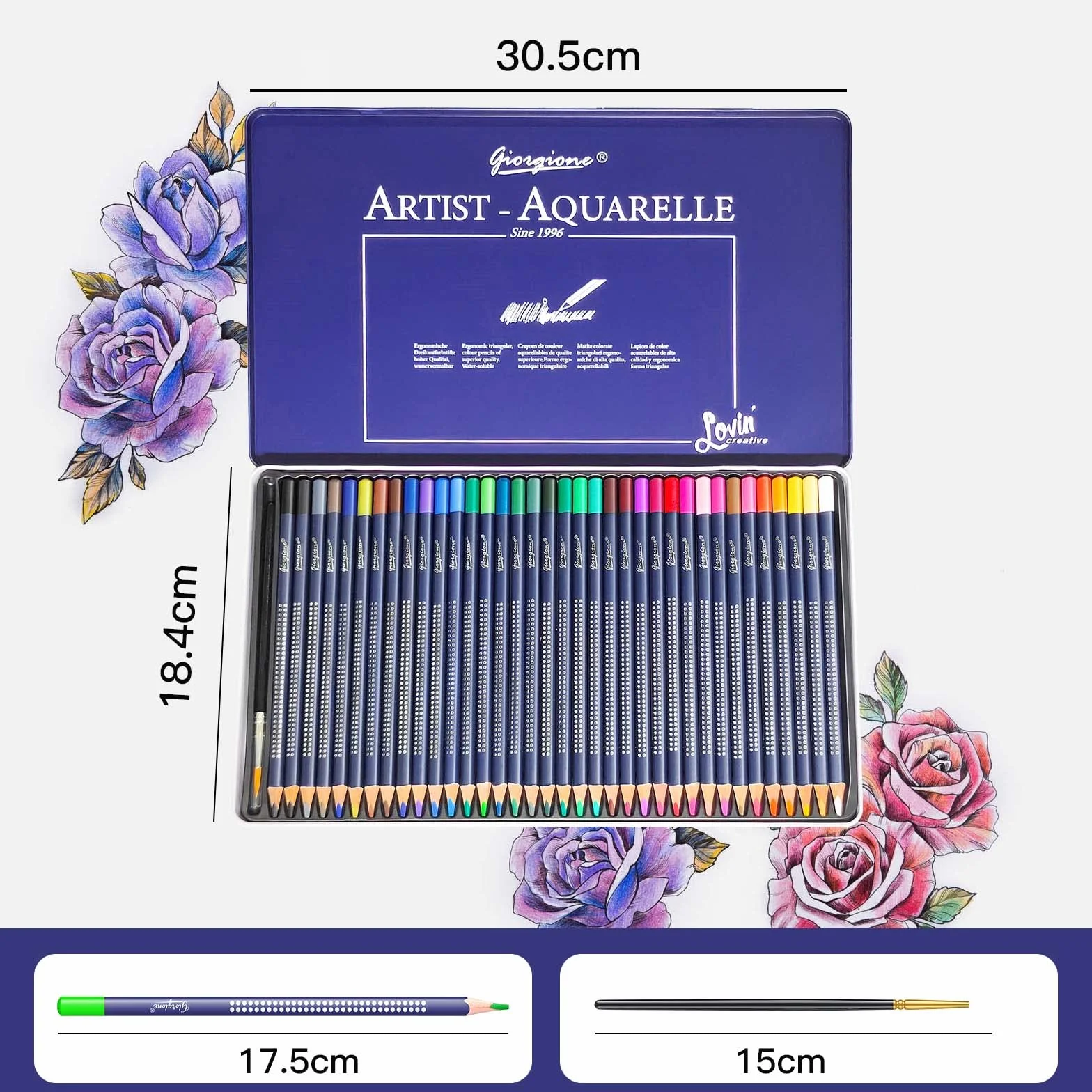 Rokrist Lot de 36 crayons aquarelle avec brosse boîte en métal portable