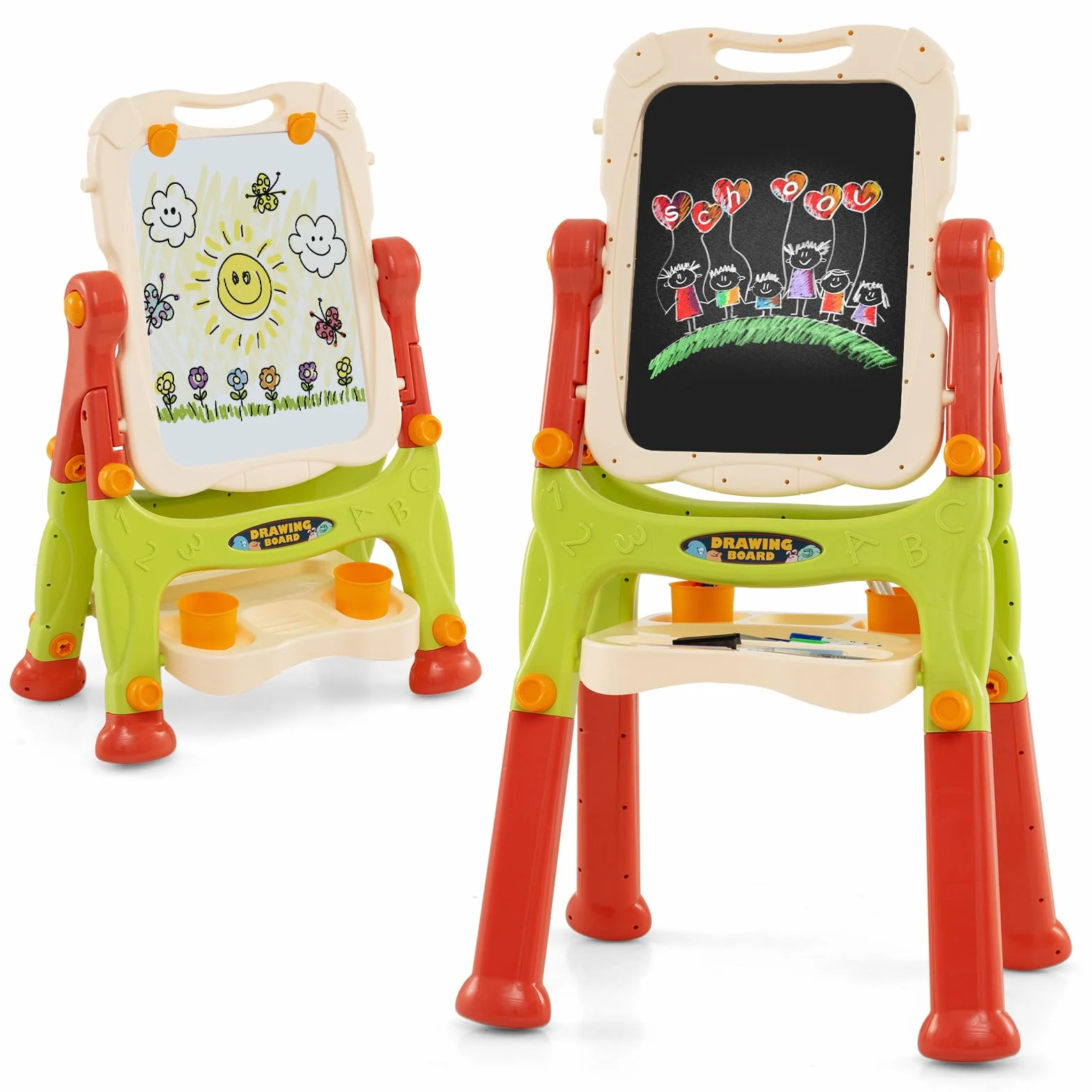 COSTWAY Tableau Enfant Double Face Chevalet avec Hauteur Réglable, Plateau Rangement 2 Pots, Pivotant 360° 3 Ans+ Orange