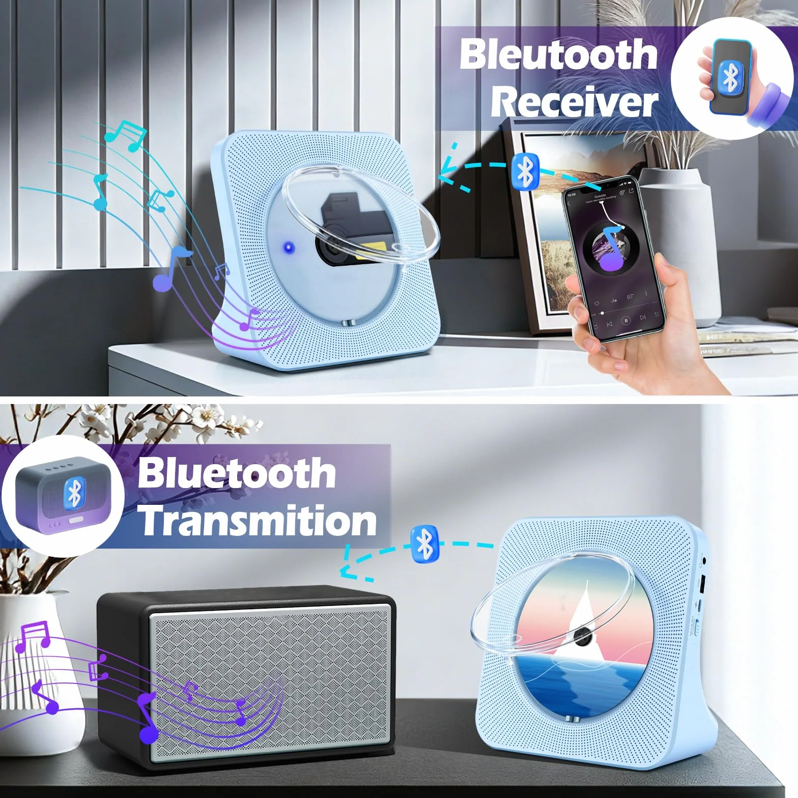 Lecteur CD Portable Enfants Radio Bluetooth Haut-Parleur HiFi USB FM Prise Casque Minuterie Veille Bleu