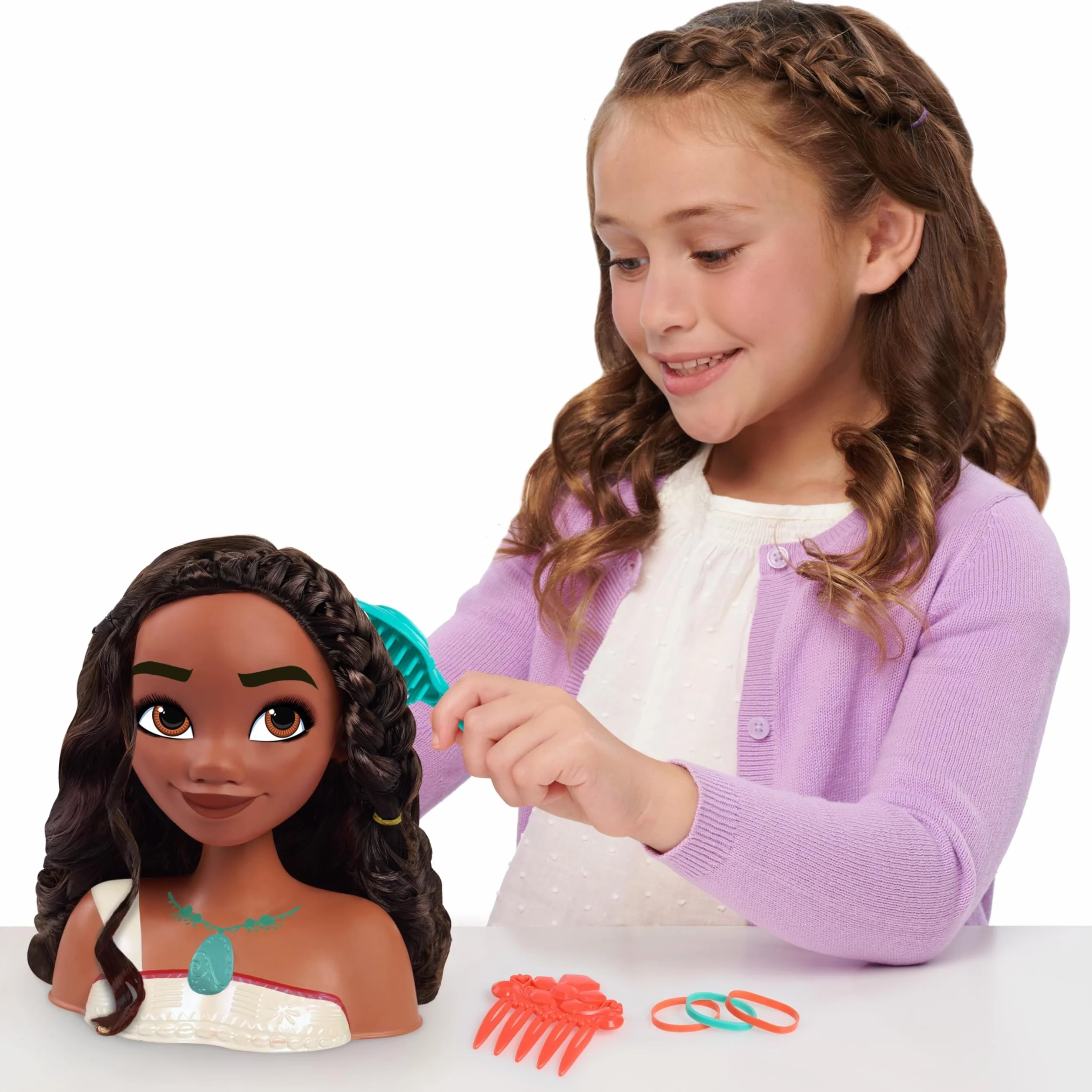 Just Play Tête à coiffer Vaiana 2 Princesses Disney 7 Accessoires Jeux d’Imitation Jouets pour Enfants de 3 Ans et Plus