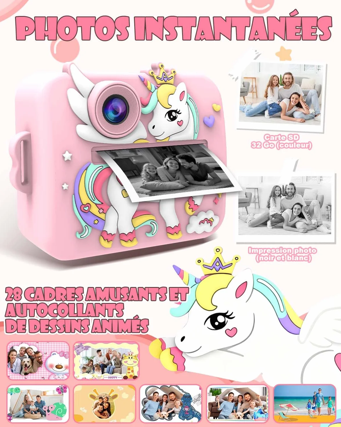 Appareil Photo Instantané Enfants Licorne 2.4" Écran Vidéo 1080P Zoom 16X Impression Thermique 32Go Rose