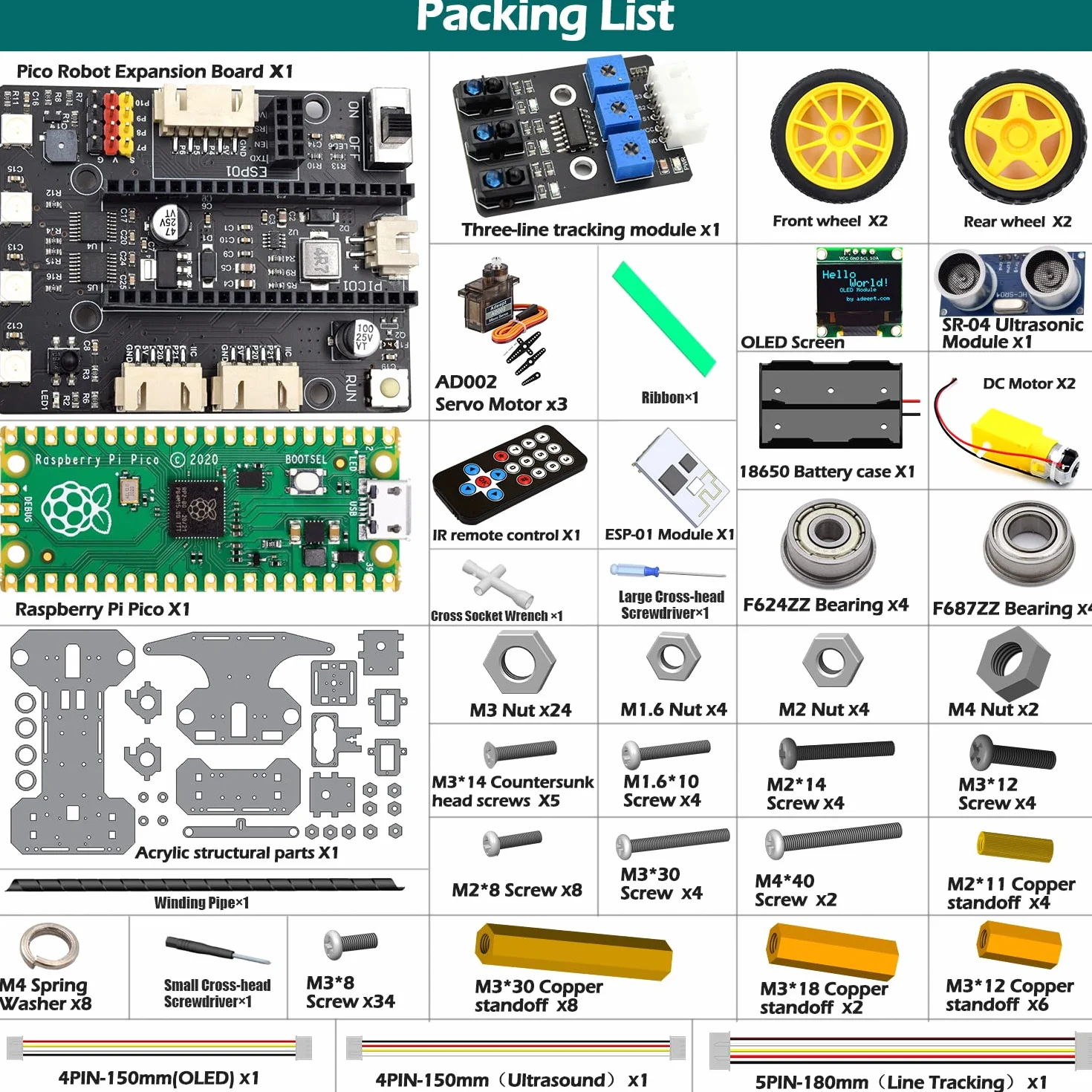 Adeept Kit de Voiture Intelligent pour Raspberry Pi Pico, Suivi de Ligne, évite Les Obstacles, lumière colorée, écran OLED, kit de Voiture Robot éducatif télécommandé STEM IR
