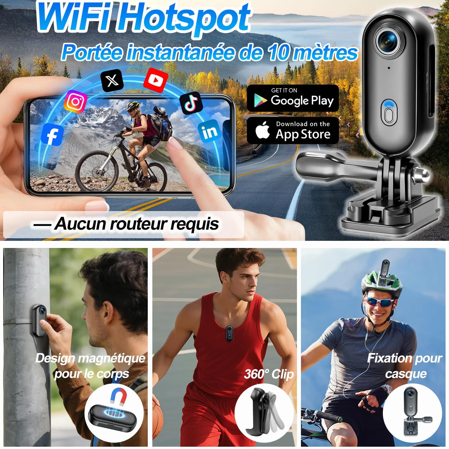 Caméra Sport WiFi Étanche 30m 1080P HD Moto 360 Objectif Grand Angle 150° Dashcam Moto Mini
