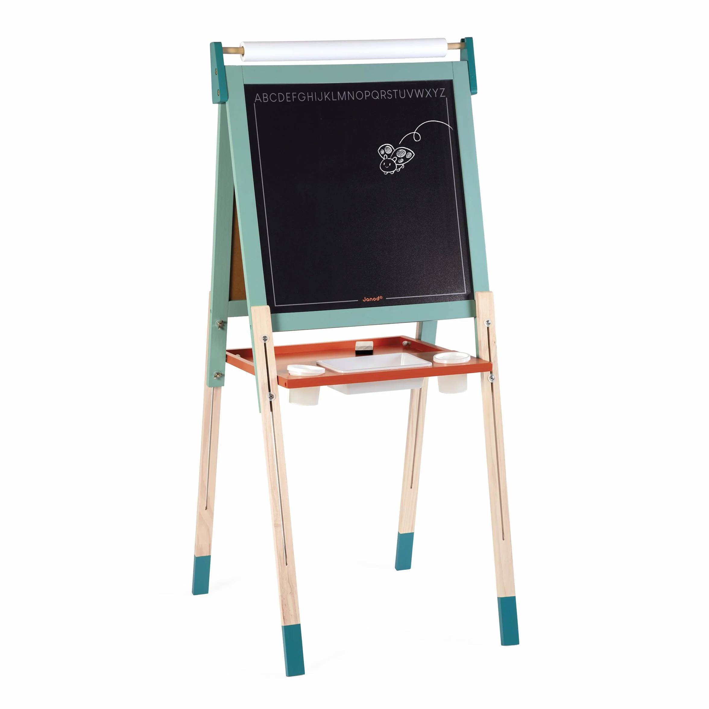 Janod Tableau Chevalet Double Face en Bois Réglable en Hauteur Ardoise Blanche Magnétique + Craie + Rouleau Papier 23 Accessoires Dès 3 Ans