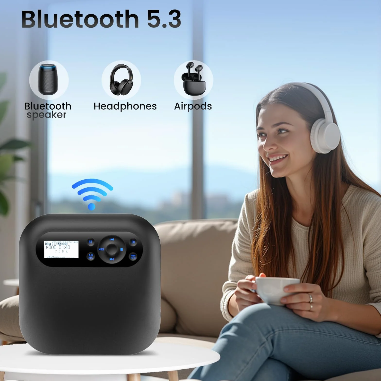 Lecteur CD Portable Bluetooth Rechargeable Discman FM Haut-parleurs Stéréo Anti-Saut