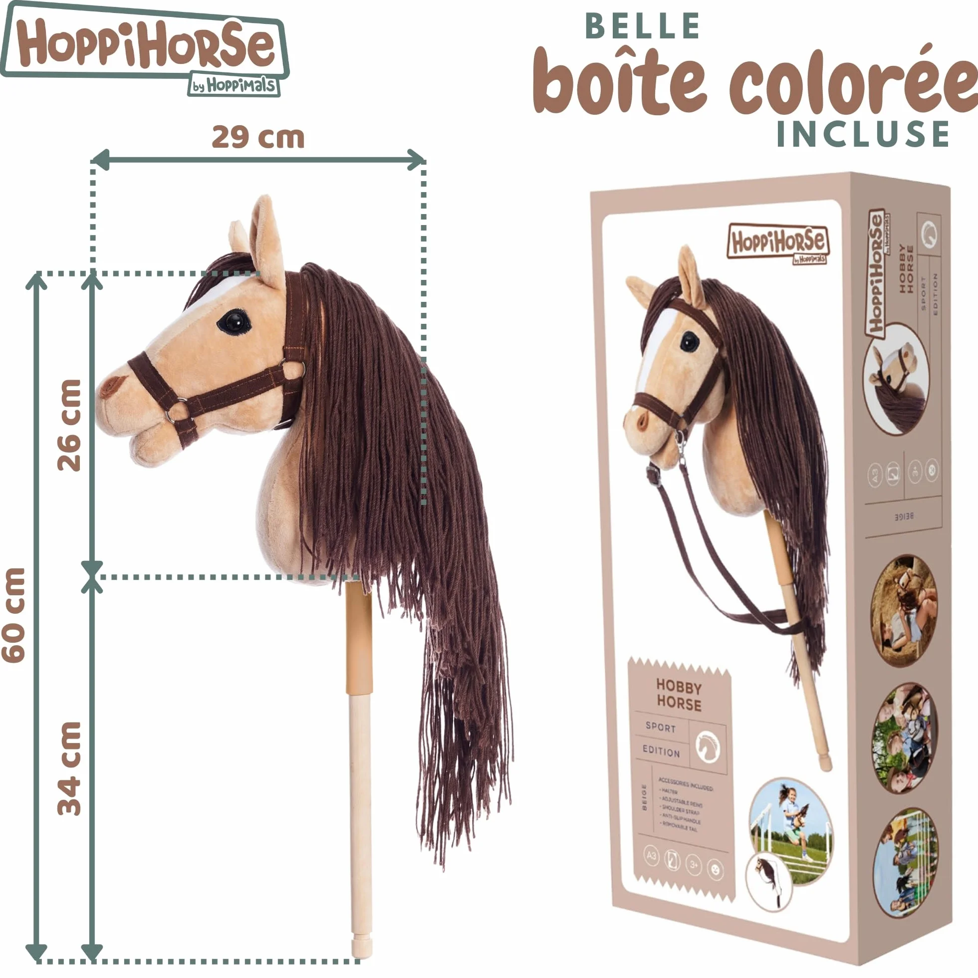 HOPPIHORSE Sport Edition Hobby Horse A3 Taille Cheval Bâton avec Bride Rênes Sangle d'Épaule Queue Poignée Silicone Boîte-Cadeau