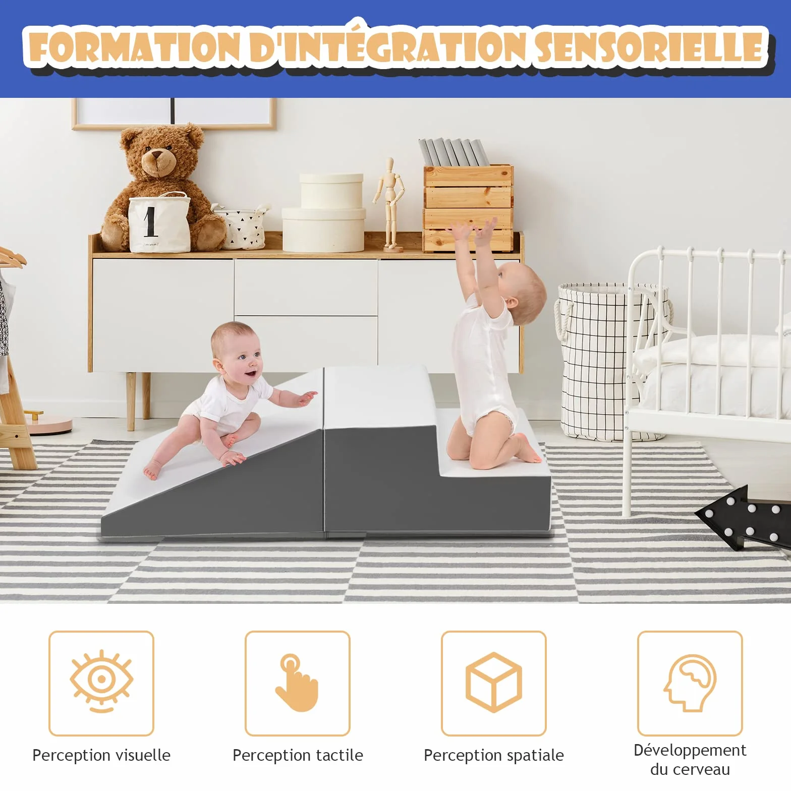 DREAMADE Modules de Motricité pour Enfant, Blocs de Construction en Mousse avec Escalier et Toboggan, Jouets Éducatifs 3+ Ans (Blanc, Gris)