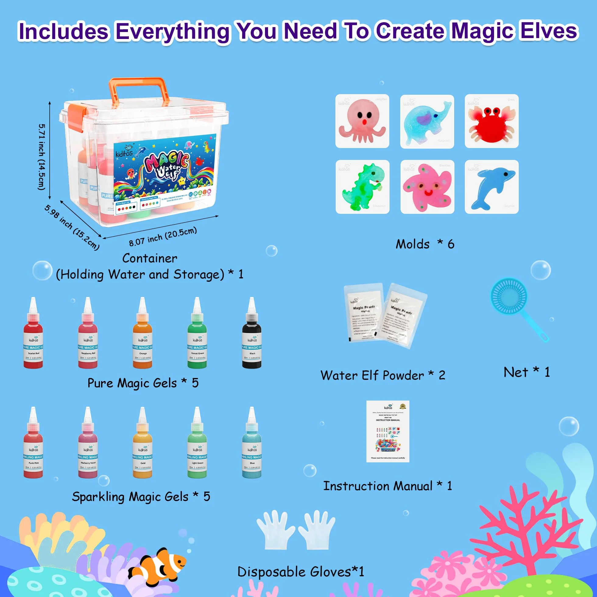Kit de Jouets Magiques d'Elfe d'Eau, 10 Gels Magiques et 6 Moules
