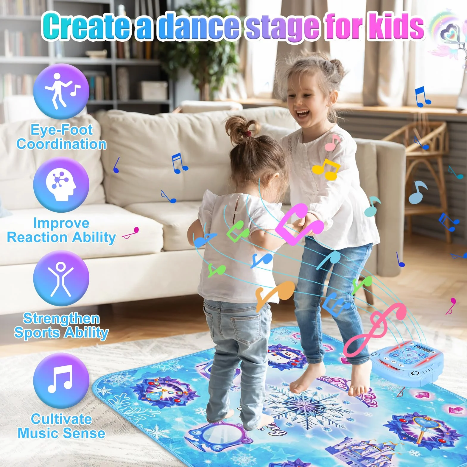 GuKKK Tapis de Danse pour Enfants 8 Touches Bluetooth Musical Interactif Cadeau Noël Filles 3-8+ Ans Bleu