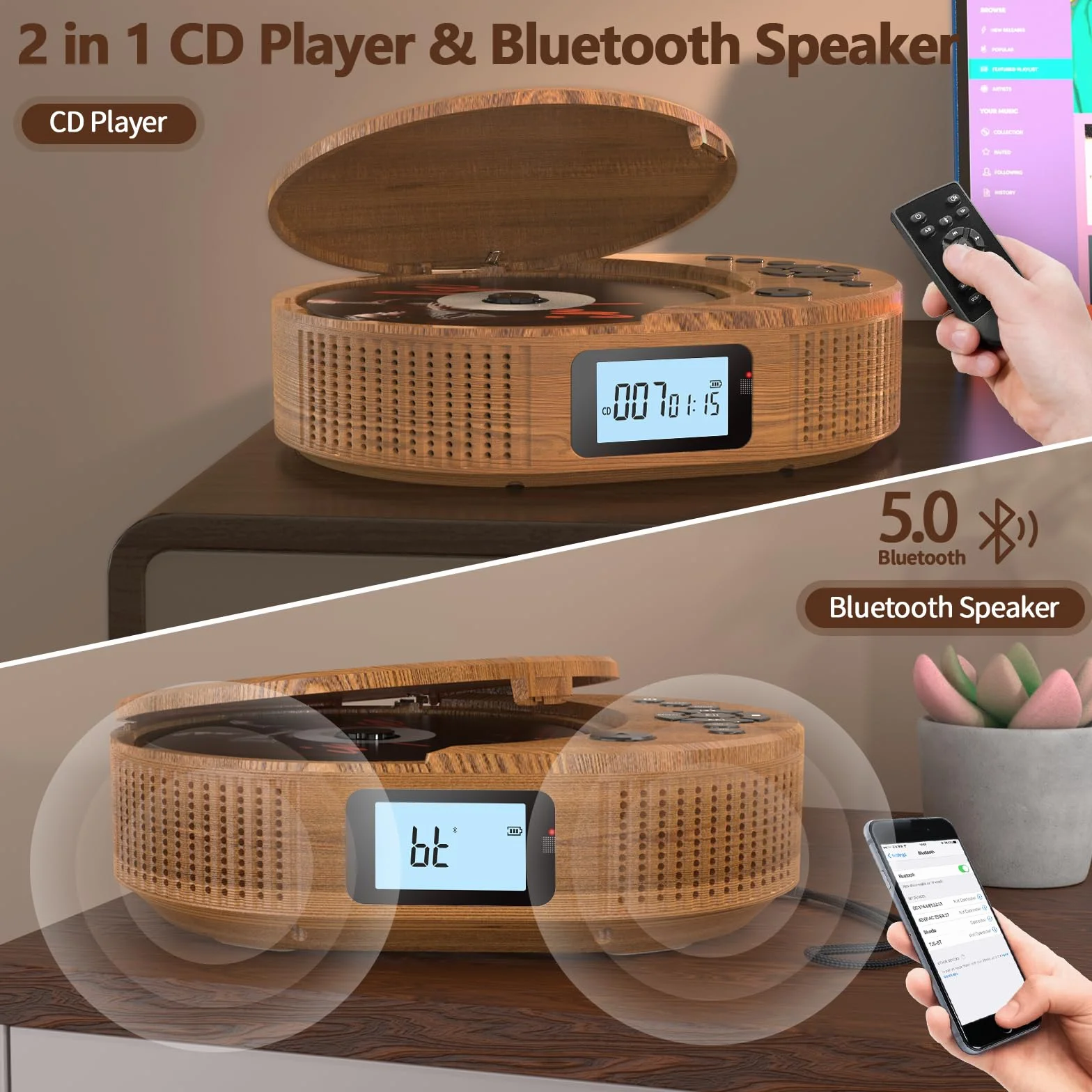 Lecteur CD Boombox Bluetooth 2en1 Portable Rechargeable Radio FM AUX USB