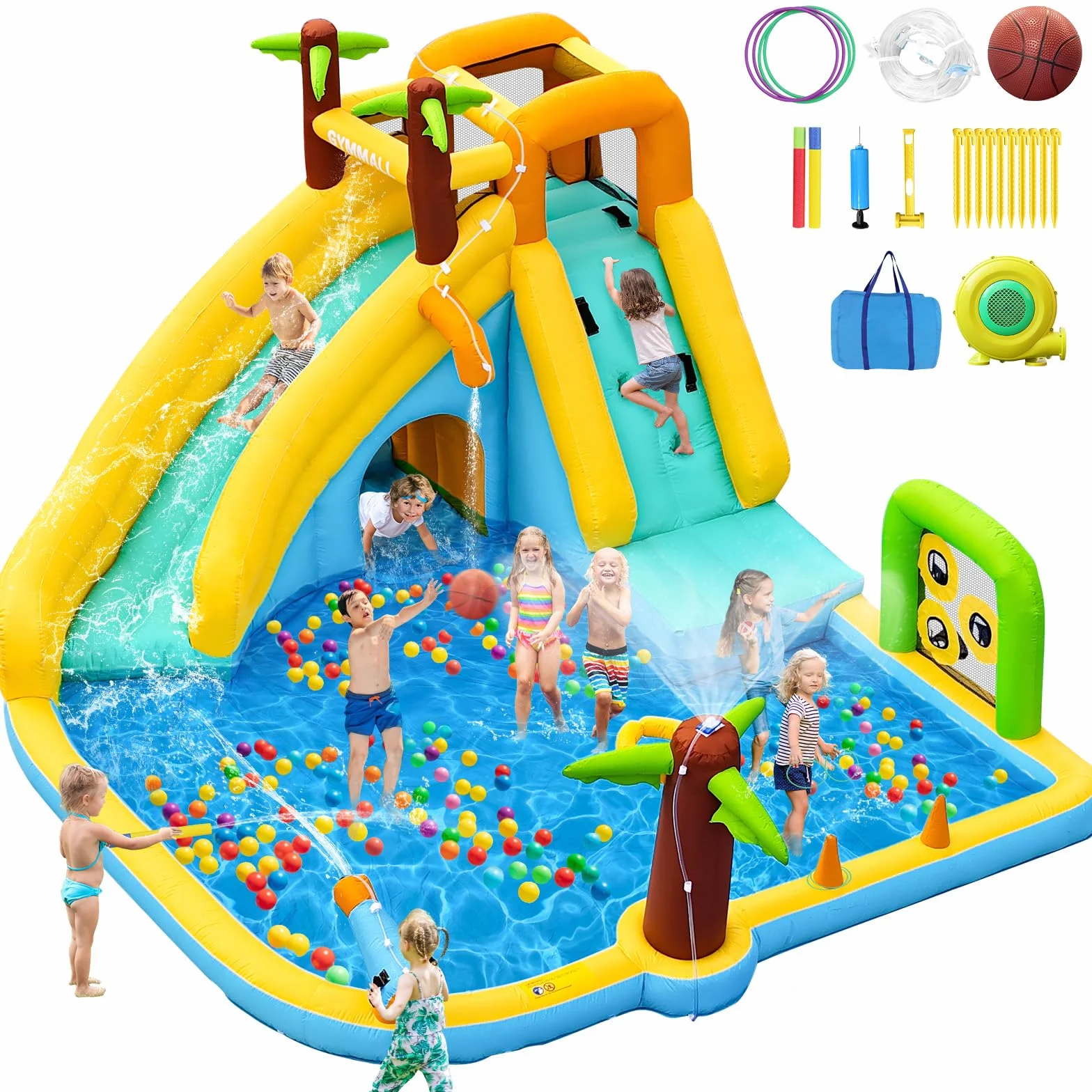 Château Gonflable à Eau 450W 10-en-1 Toboggan Aquatique pour Enfants avec Piscine et Glissade