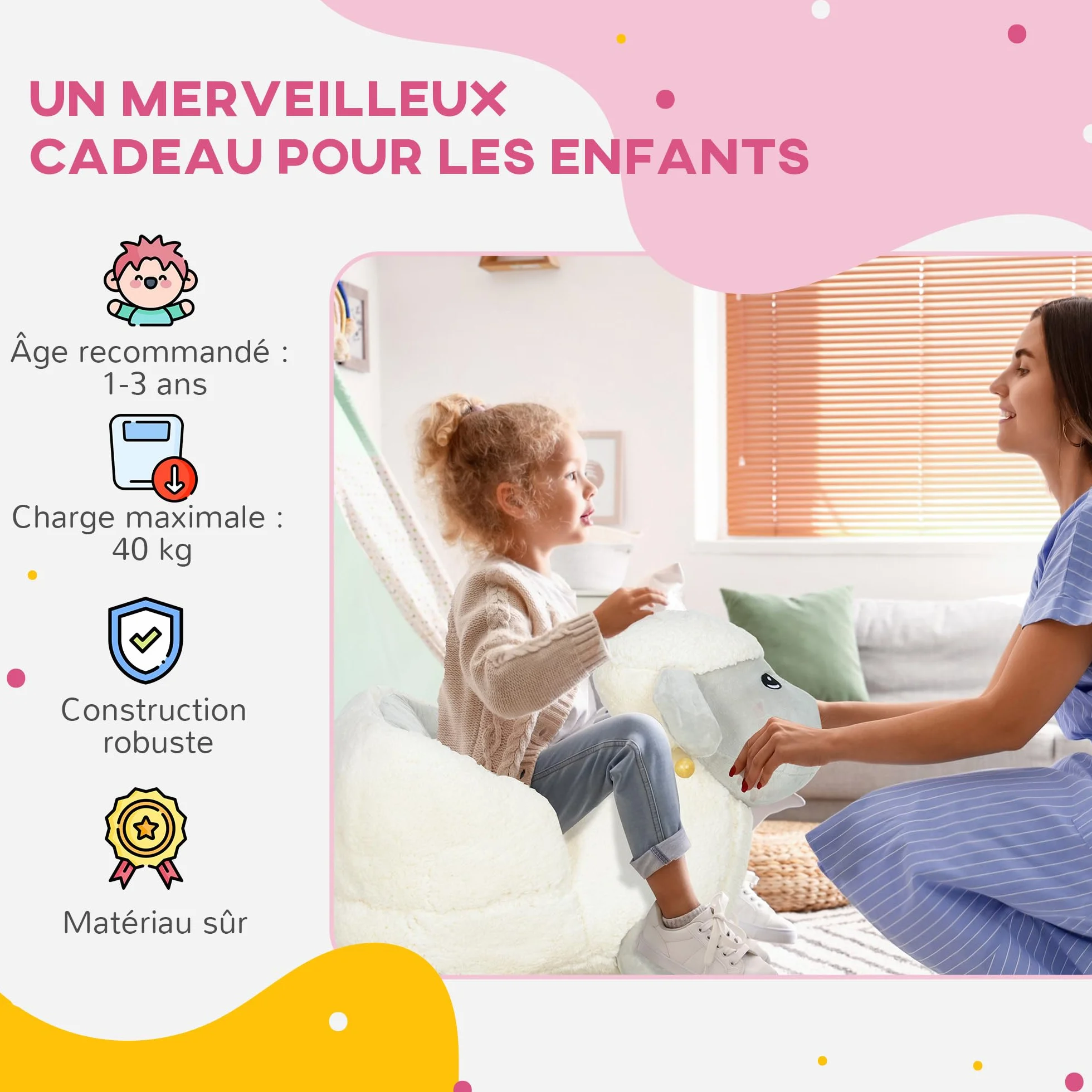 AIYAPLAY Cheval à Bascule pour Enfant, Jouet à Bascule en Peluche Agneau, 68 x 35 x 55 cm, Gris
