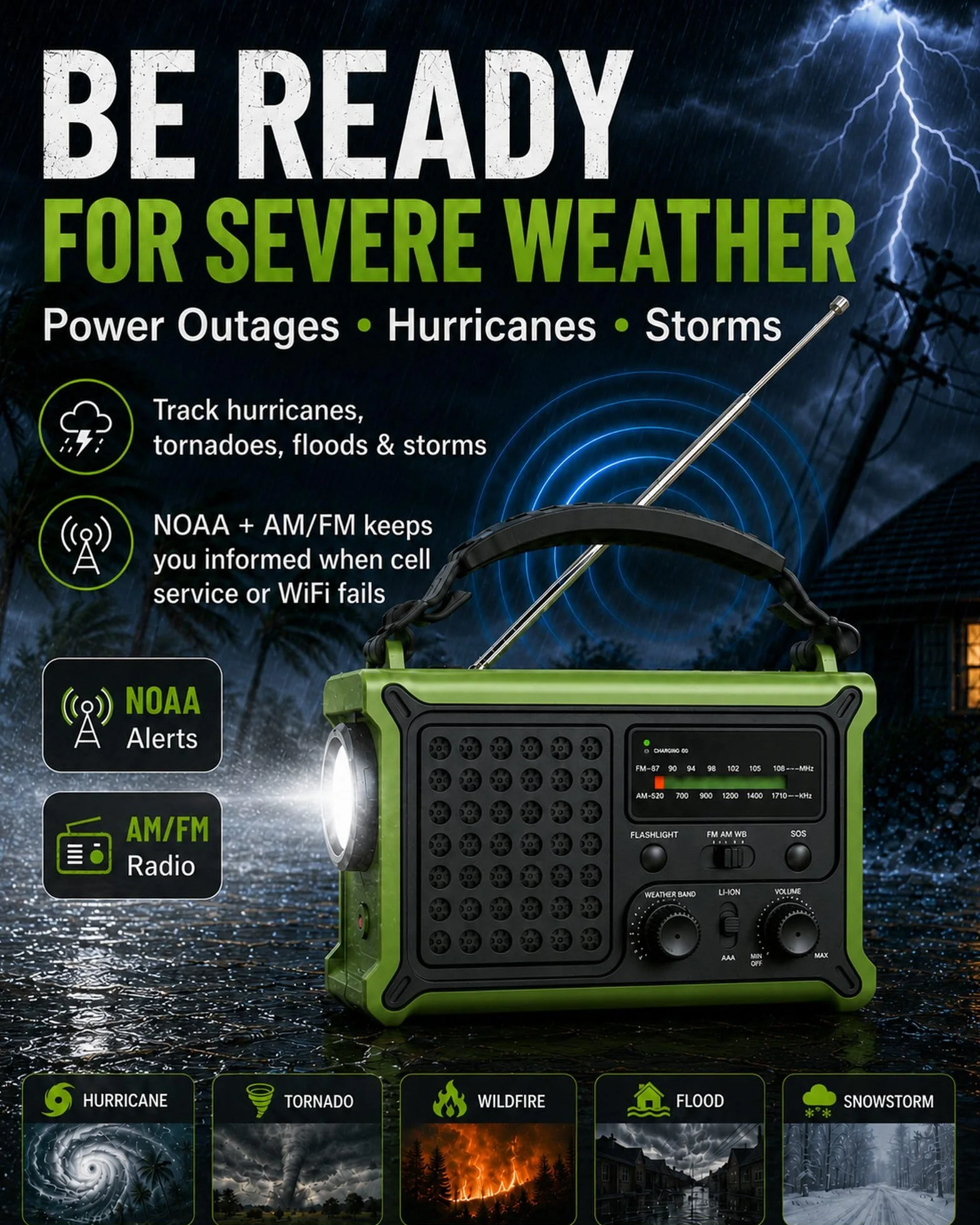 Radio météo d'urgence NOAA solaire à manivelle 12 000 mAh avec lampe LED SOS