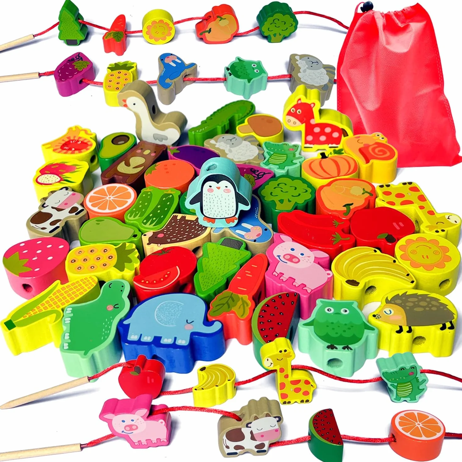 Perles en Bois à Enfiler Jouet 42 Pièces Animaux Fruits Montessori Éducatif Enfant Cadeau Garçons Filles 2-4 Ans