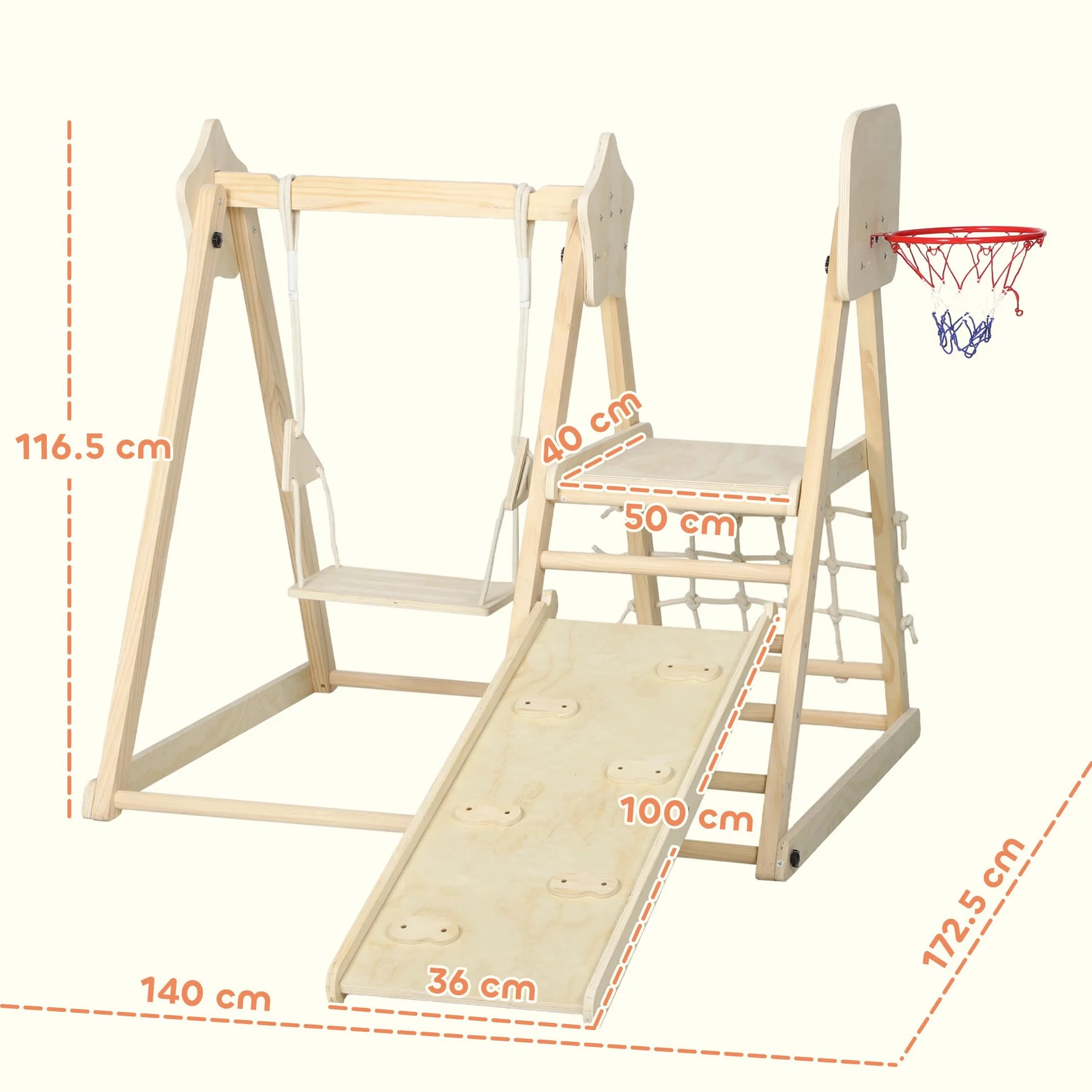 AIYAPLAY Toboggan 5 en 1 structure d'escalade en bois avec balançoire et panier de basket pour enfants 3-6 ans intérieur extérieur