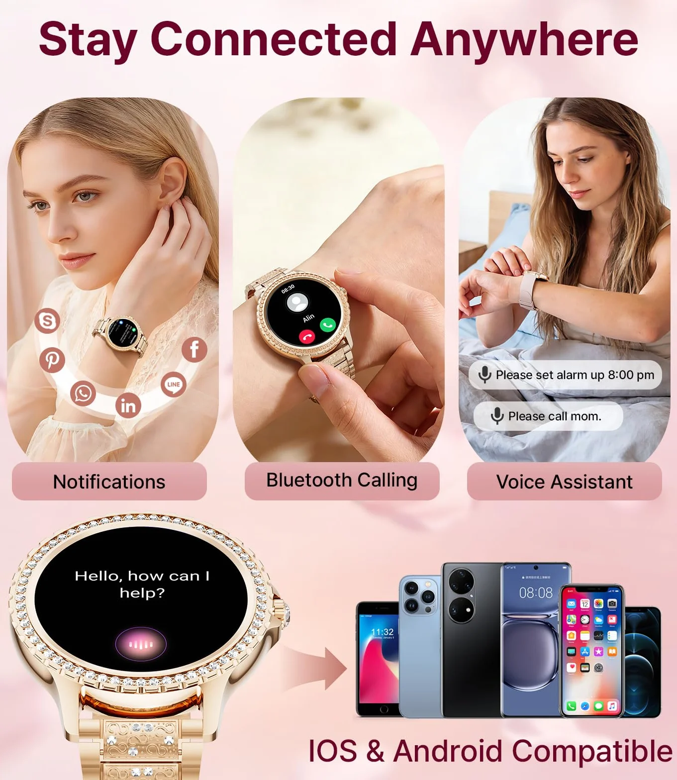 LIGE Montre Connectée Femme Bluetooth Appels Android iOS Sport Fitness Tracker 1,32" HD Fréquence Cardiaque Sommeil Smartwatch Rose Or