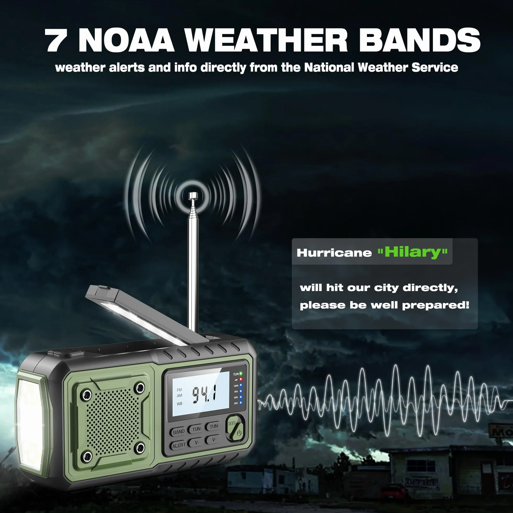 Radio d'urgence à manivelle NOAA/AM/FM 5000 mAh solaire avec alarme SOS et lampe de poche