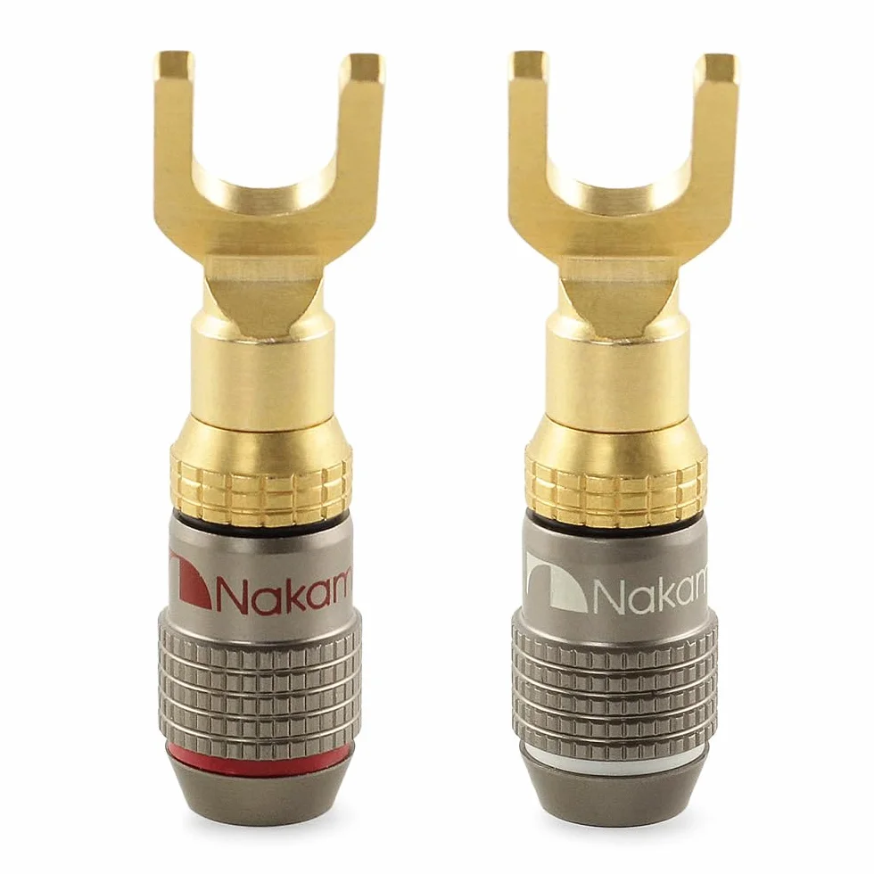 Nakamichi FanLock Connecteur à Fourche Fiche Banane plaquée or 24K 10 AWG - 18 AWG Calibre 4mm pour Haut-parleurs Amplificateur Hi-Fi Stéréo, 2 Pièces