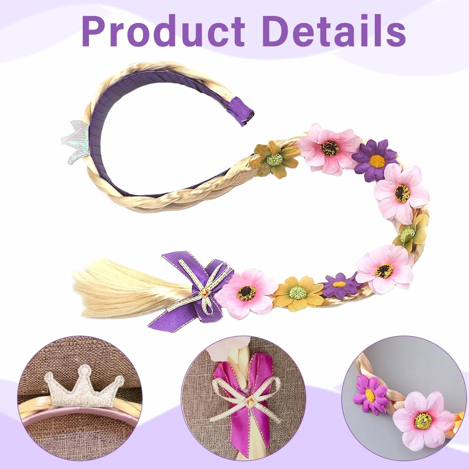 Perruque Tressée Raiponce Enfant Fille Bandeau Princesse Cheveux Extensions pour Carnaval Halloween Fête Cosplay