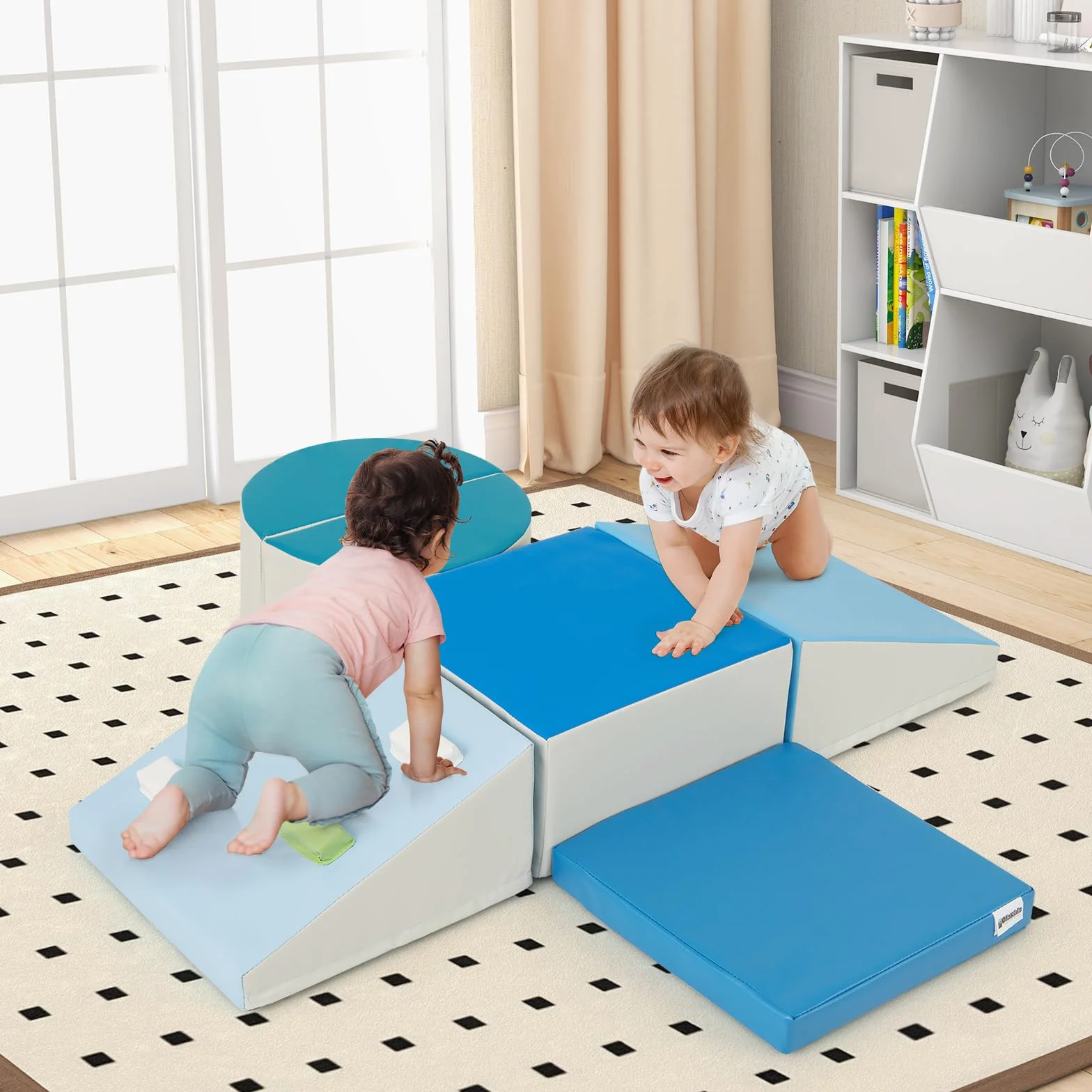 COSTWAY Parcours Motricité Bébé Mousse Housse PU Roches Escalade Attaches Crochets Jouets Éducatifs Ramper Grimper 12 Mois+ Bleu