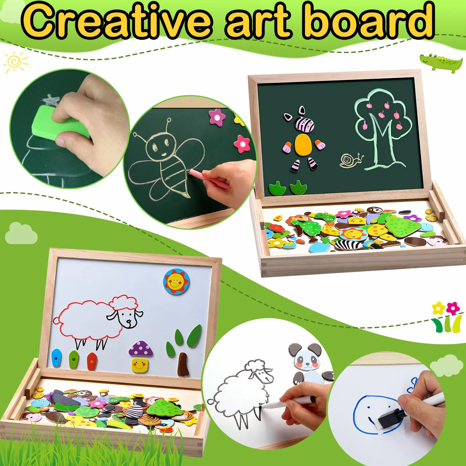 Magnetyczne Puzzle Drewniane 100 Elementów, Tablica Dwustronna Magnetyczna, Zabawka Edukacyjna dla Dzieci od 3 Lat