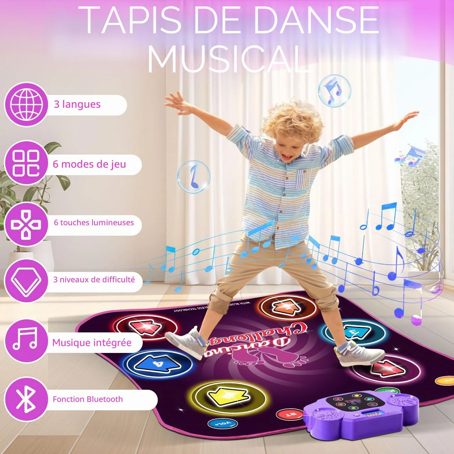 Tapis de Danse Lumineux pour Enfants Bluetooth avec Musique Intégrée, 6 Modes de Jeu