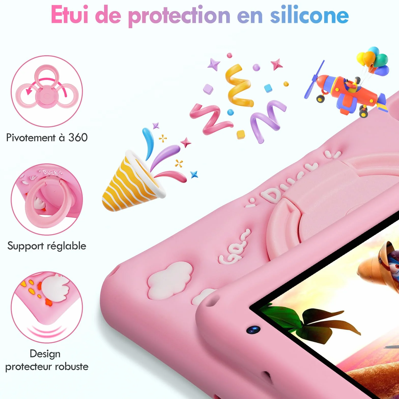 Tablette Enfants 7 pouces, Tablette Android 13, Octa-Core, 8Go+64Go (TF 256GB), Batterie 5800mAh, Caméras 5MP+8MP, Affichage HD, Contrôle parental, Housse protectrice en silicone pour enfants(Rose)