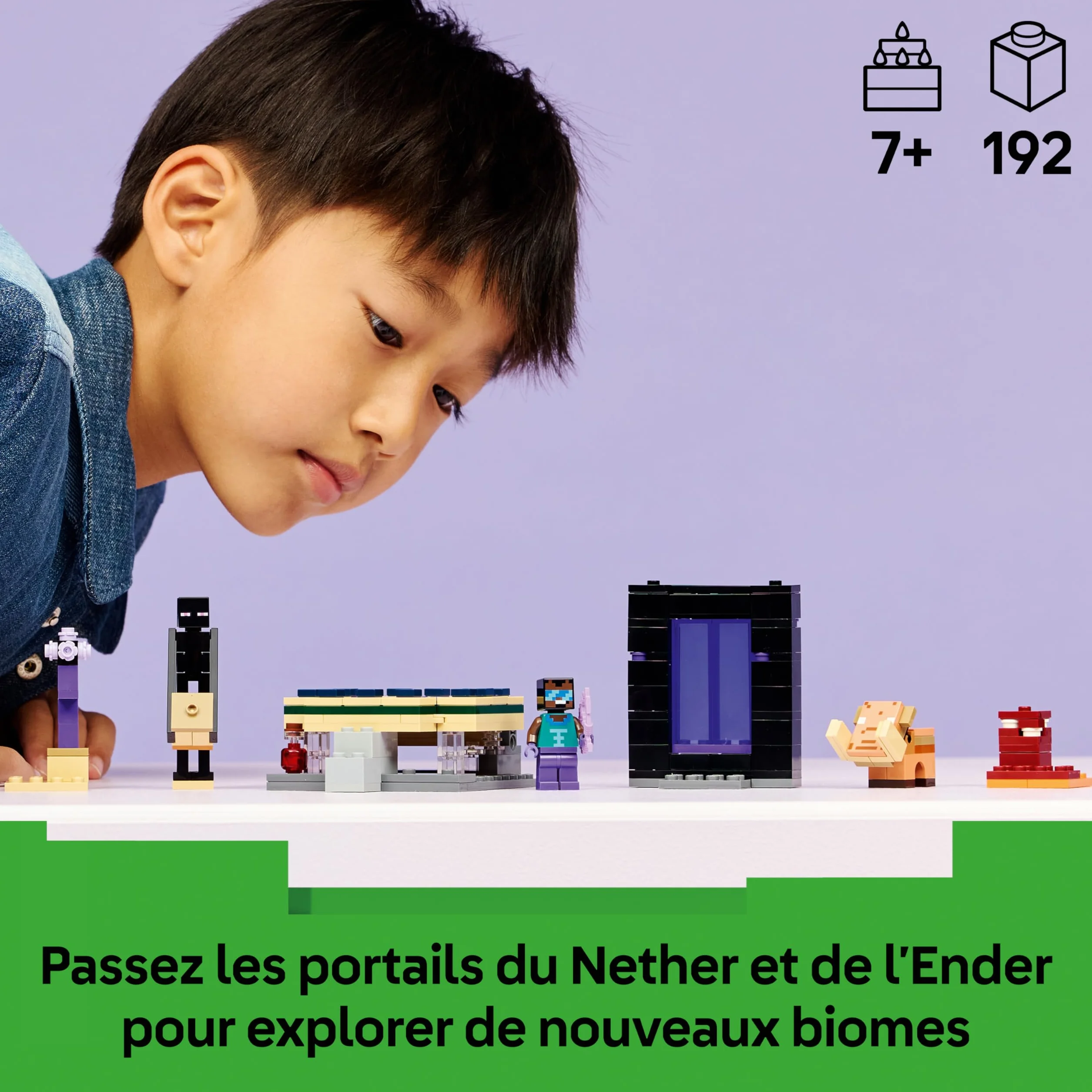 LEGO Minecraft Voyage à Travers Les Portails du Nether et de l’Ender Jouet de Construction Figurines Mobs Héros Enderman Bébé Hoglin Cadeau Gaming 7 Ans